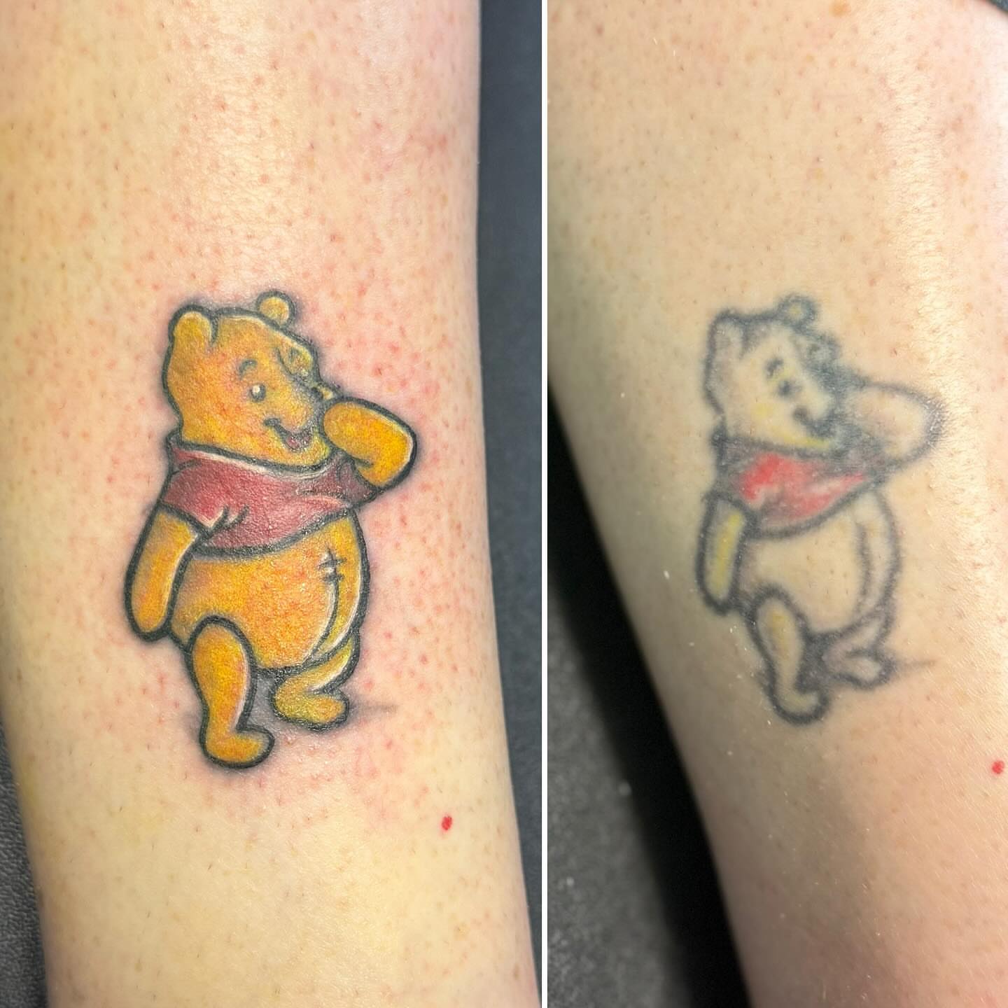 Winnie the Pooh dotwork tattoo on the forearm by Daniel Smith