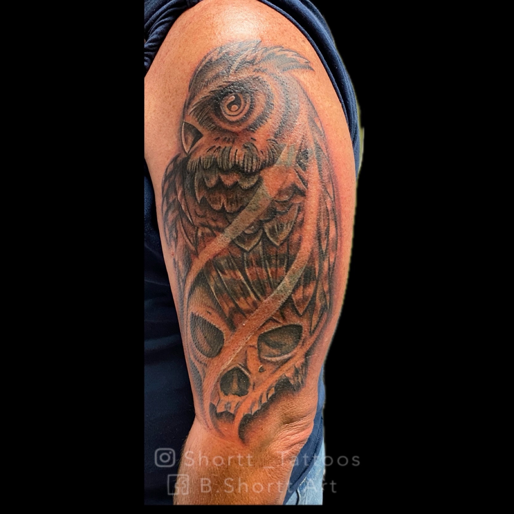 Owl and skull realism tattoo on the forearm by Brie Marie