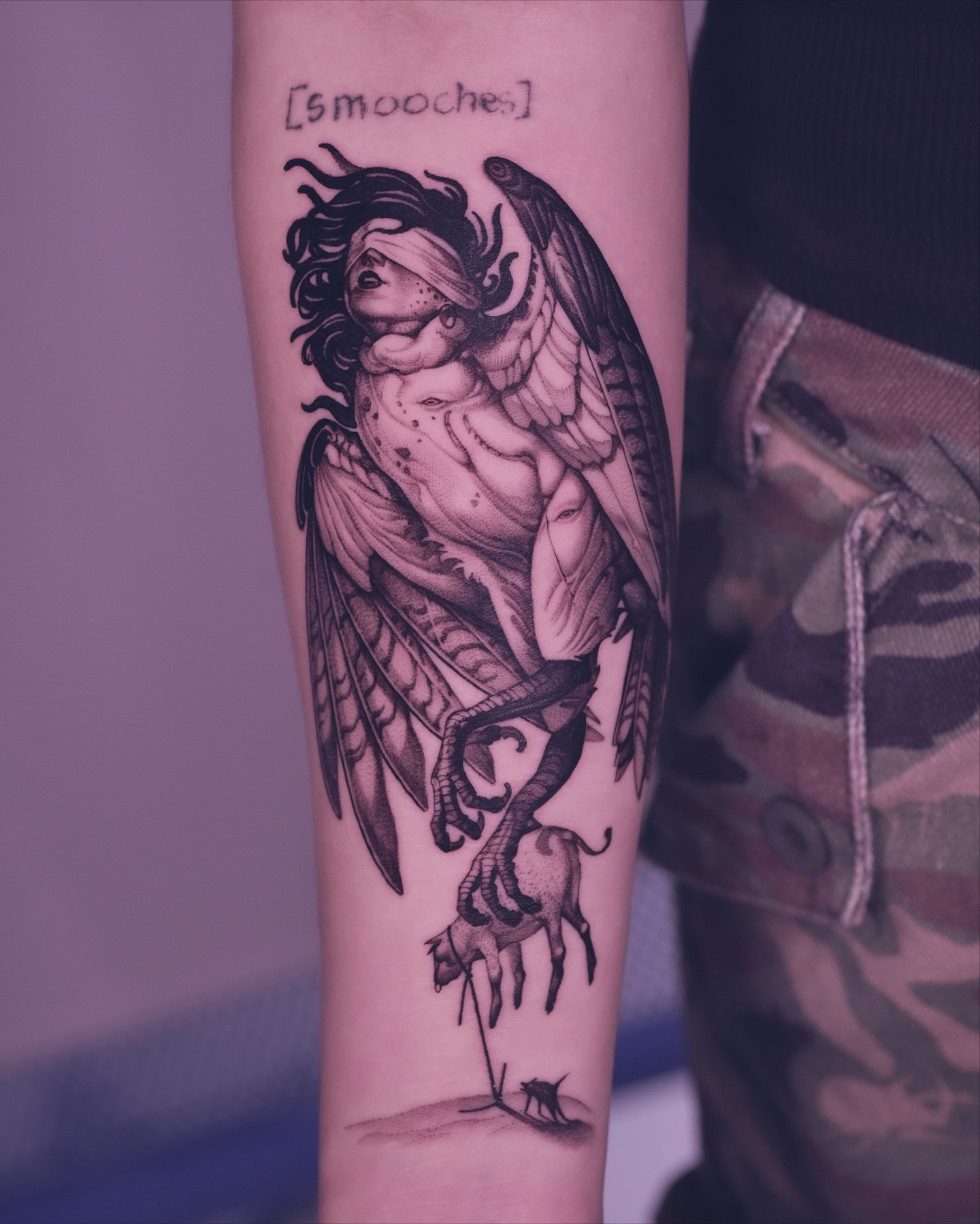Winged creature realism tattoo on the forearm by 9rukim
