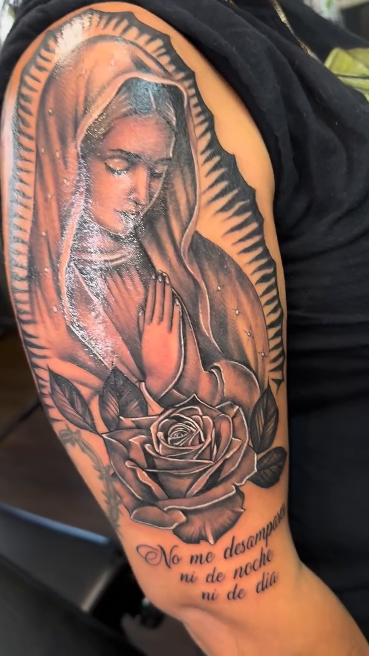 Virgin Mary and rose with script realism tattoo by Licensed Tattoo Artist πΈπ»