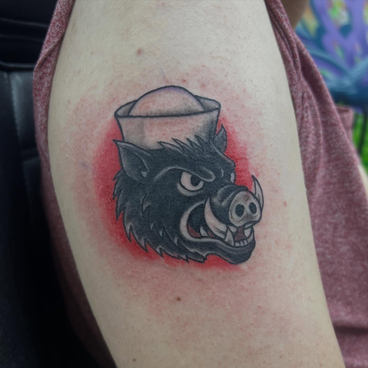 Boar head black and grey tattoo on the thigh by Sav