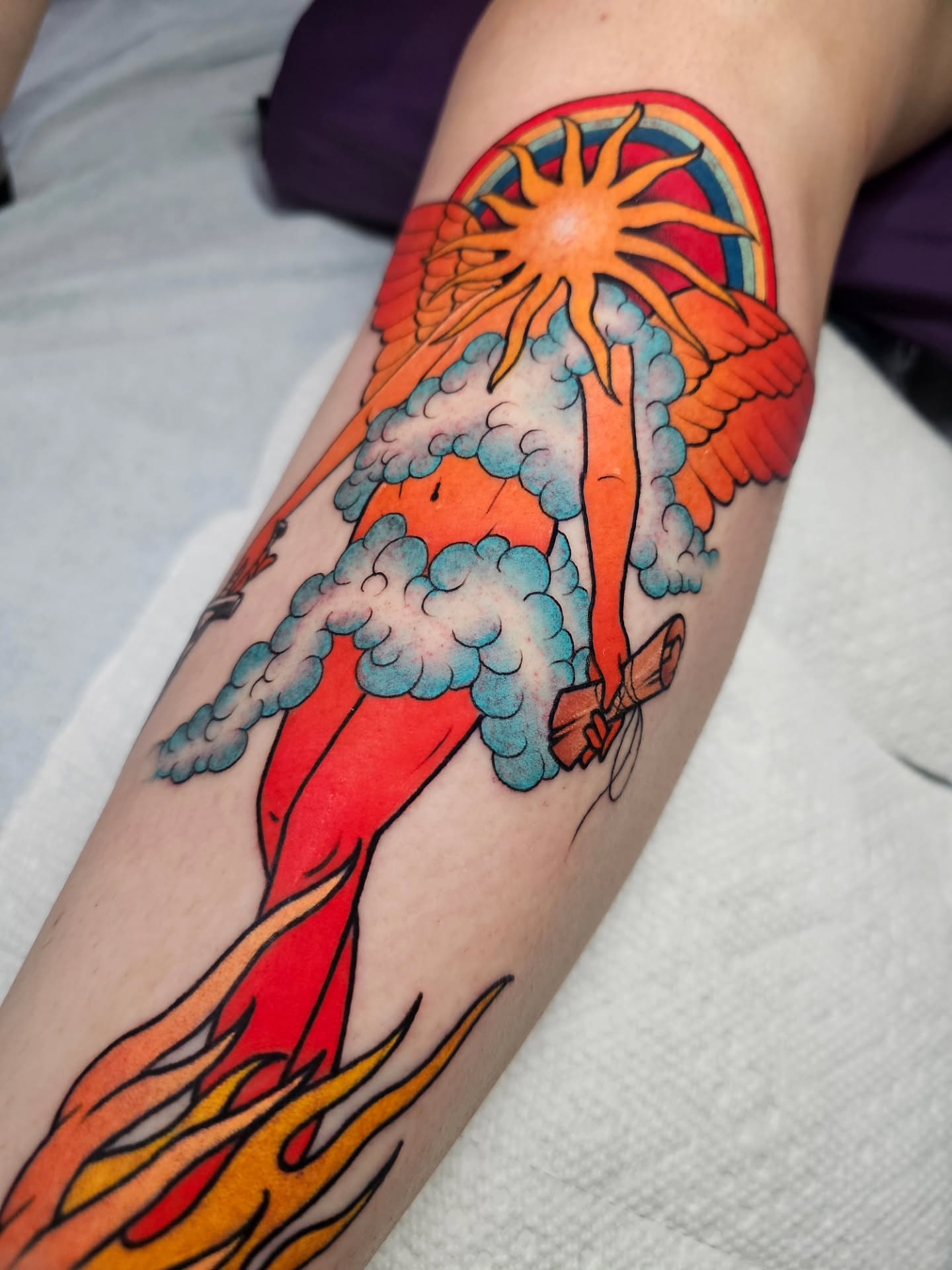 Phoenix American traditional tattoo on the forearm by Shannon