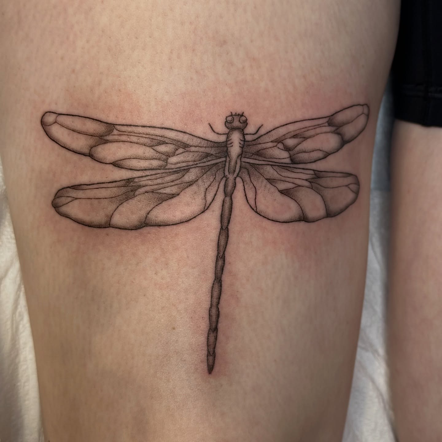 Dragonfly black and grey tattoo on the thigh by Lauren DeLizza