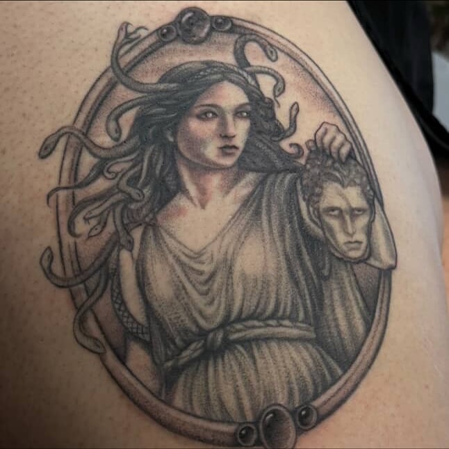 Medusa realism tattoo on the shoulder by Sarah Seveney