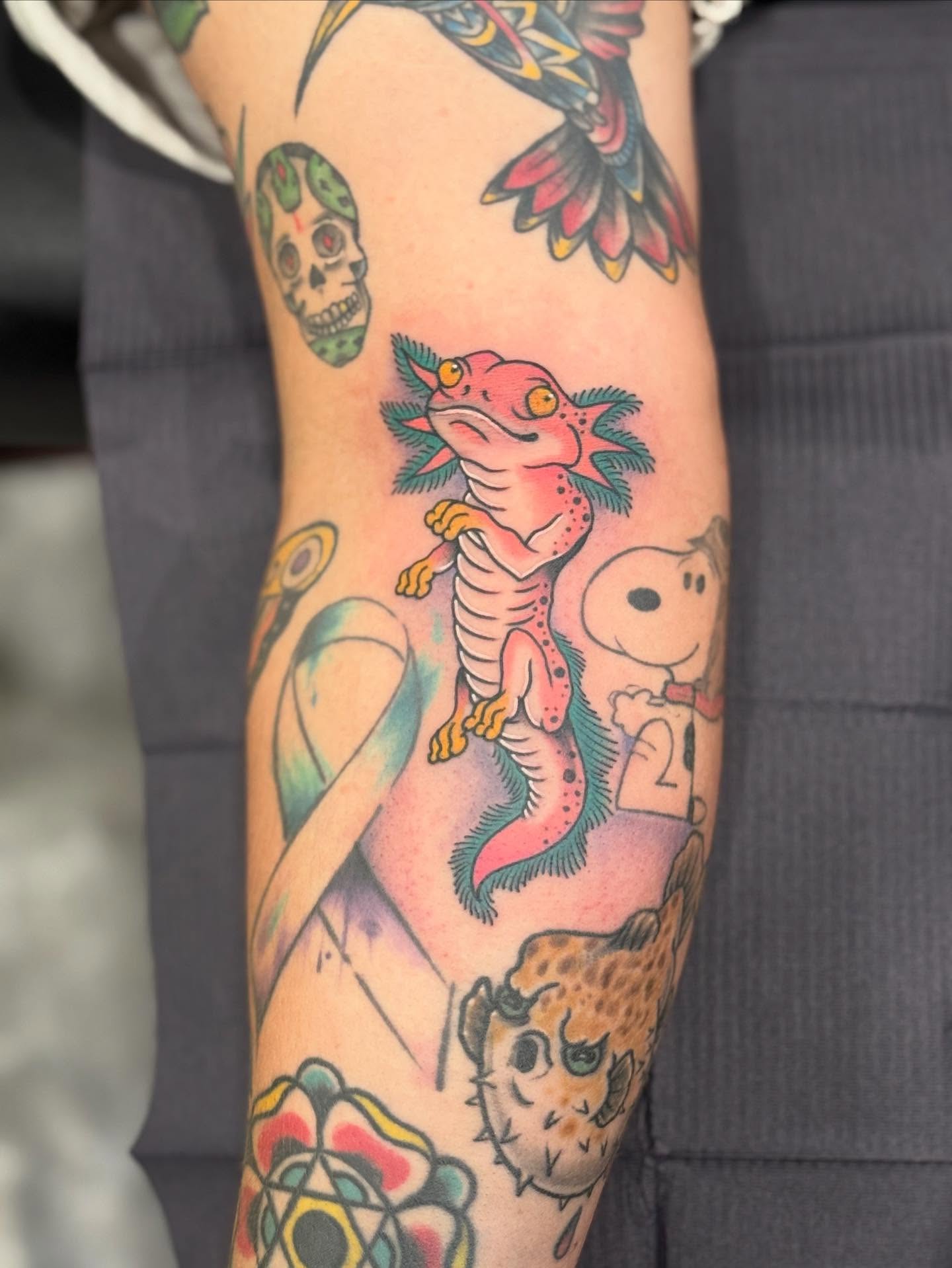 Gecko and snoopy American traditional tattoo on the forearm by Jay Espinoza-AZ Tattooer