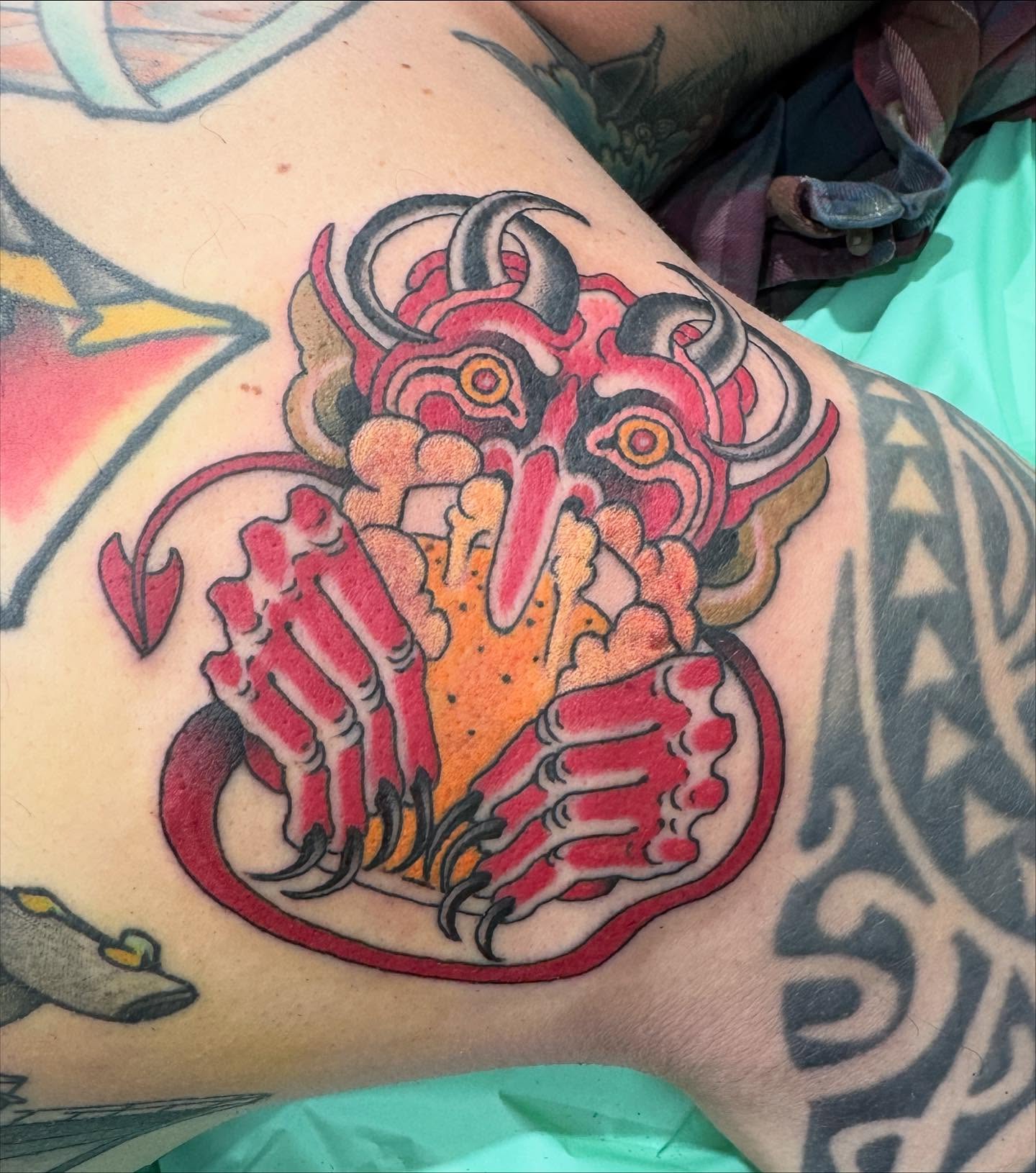Demon dotwork tattoo on the thigh by Derek Noble, San Francisco, California