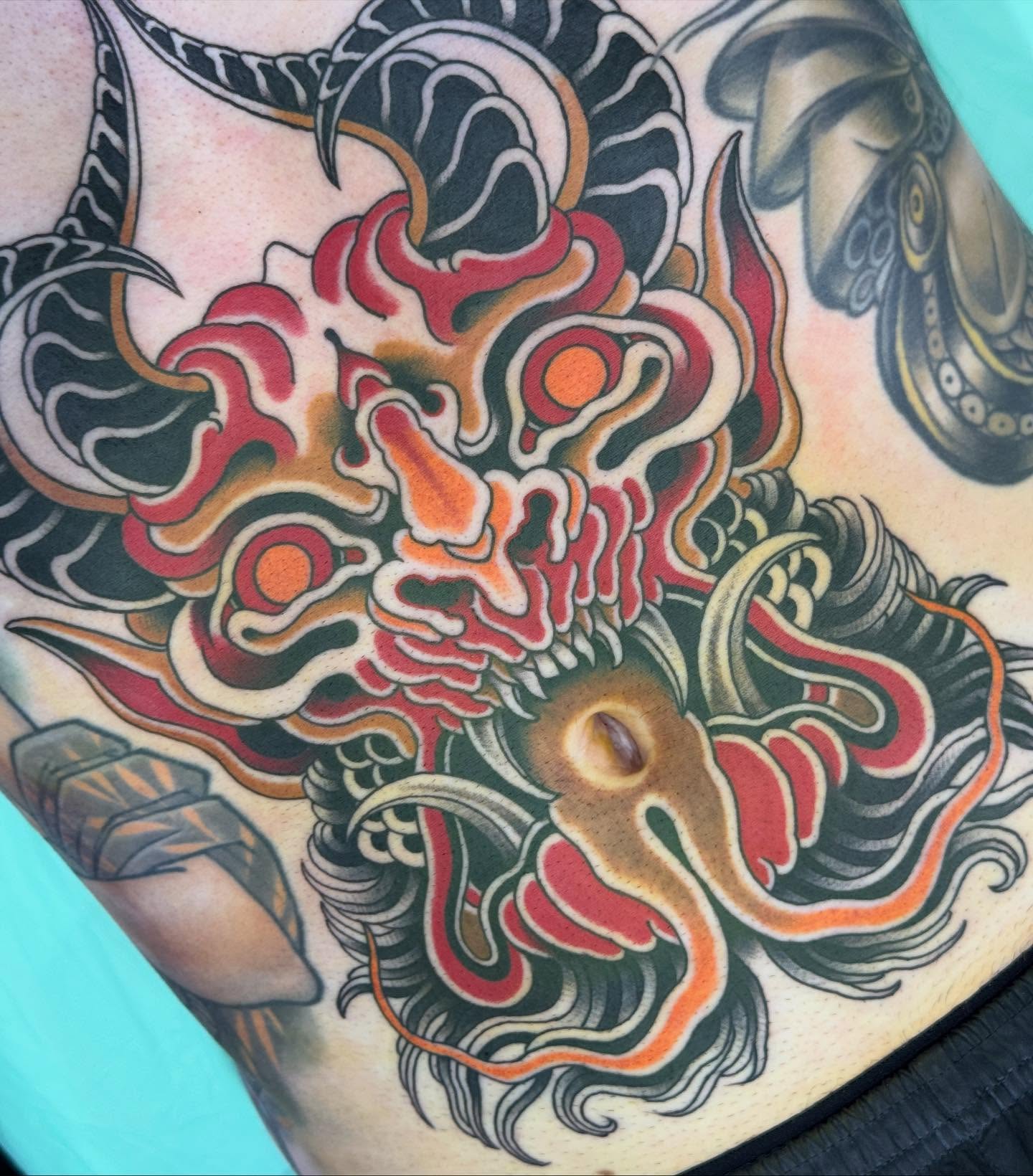 Dragon japanese irezumi tattoo on the torso by Derek Noble, San Francisco, California