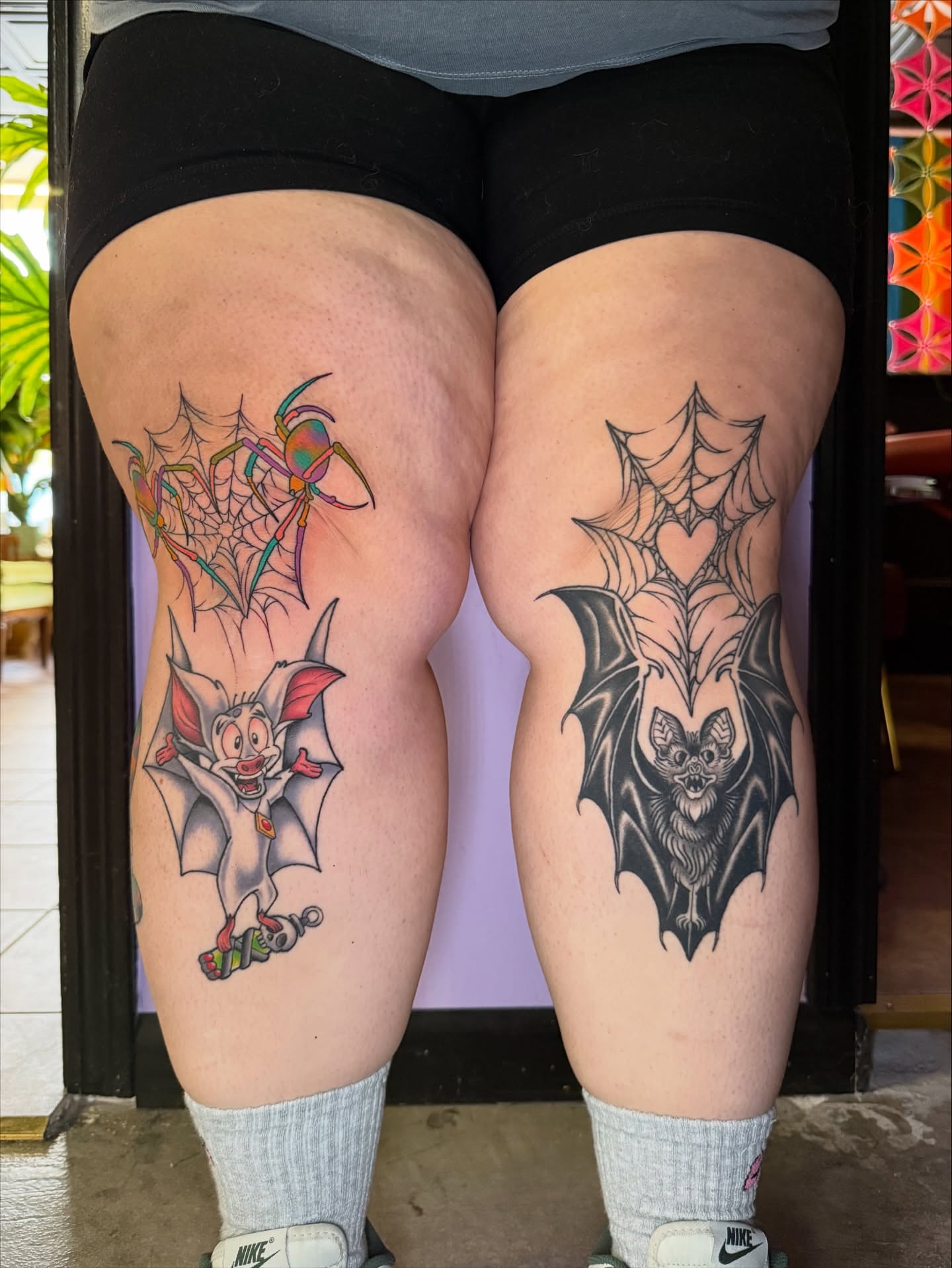 Bat and spider American traditional tattoo on the thigh by 🍄Annie Burkhard🍄, Indianapolis, Indiana