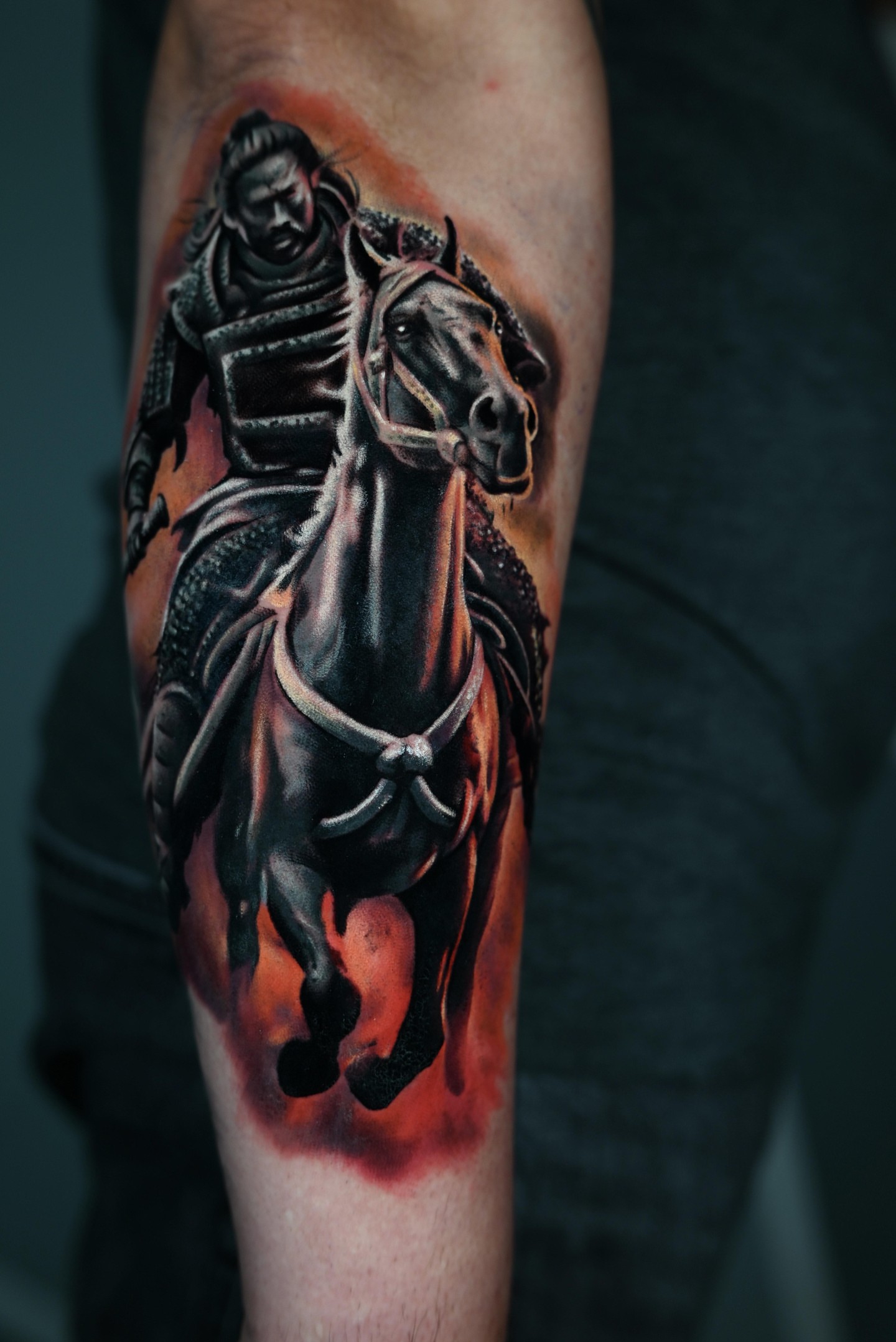 Samurai on horseback realism tattoo on the forearm by Inexor tattoos