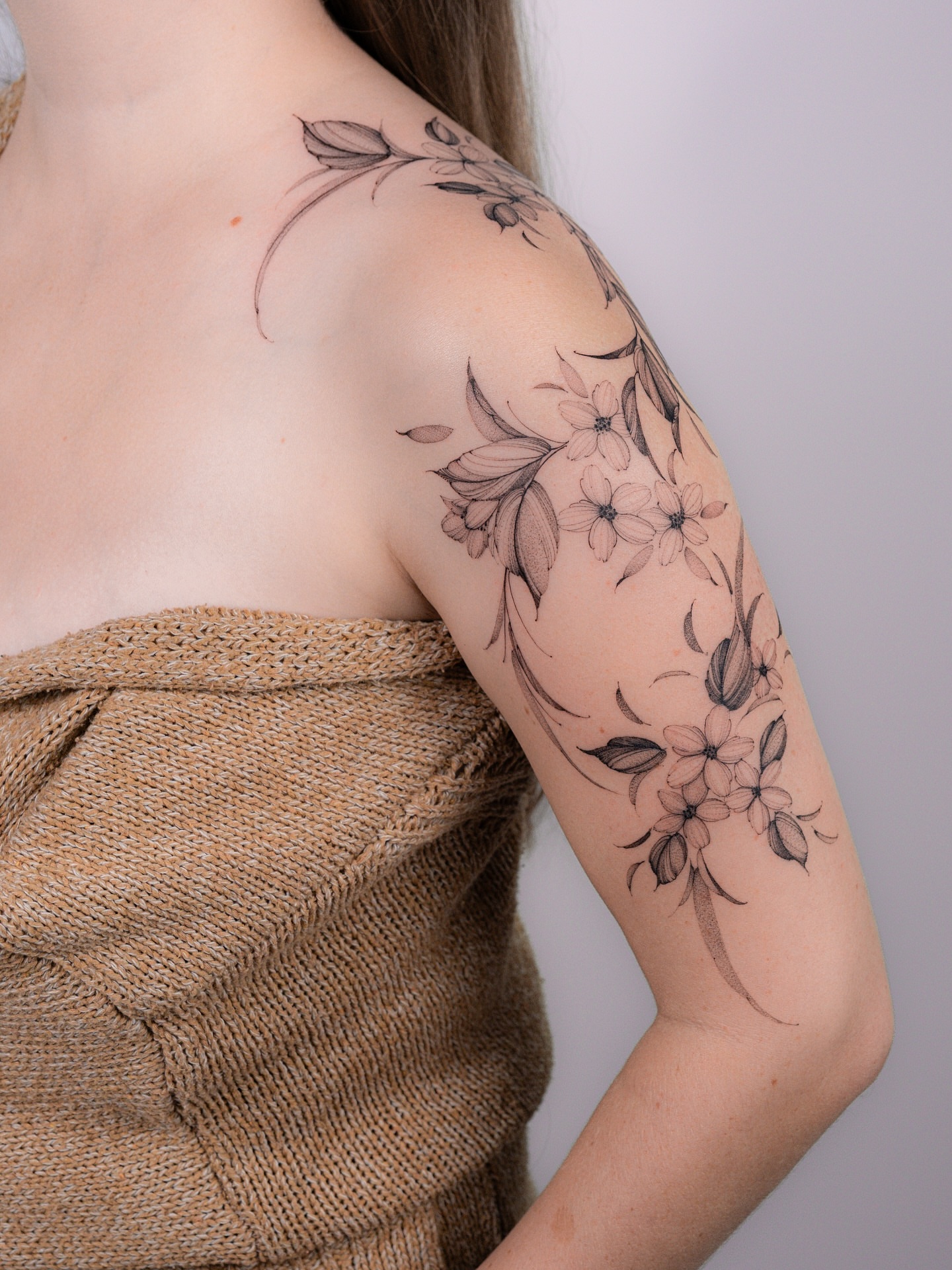 Floral bouquet black and grey tattoo on the shoulder by i flower you