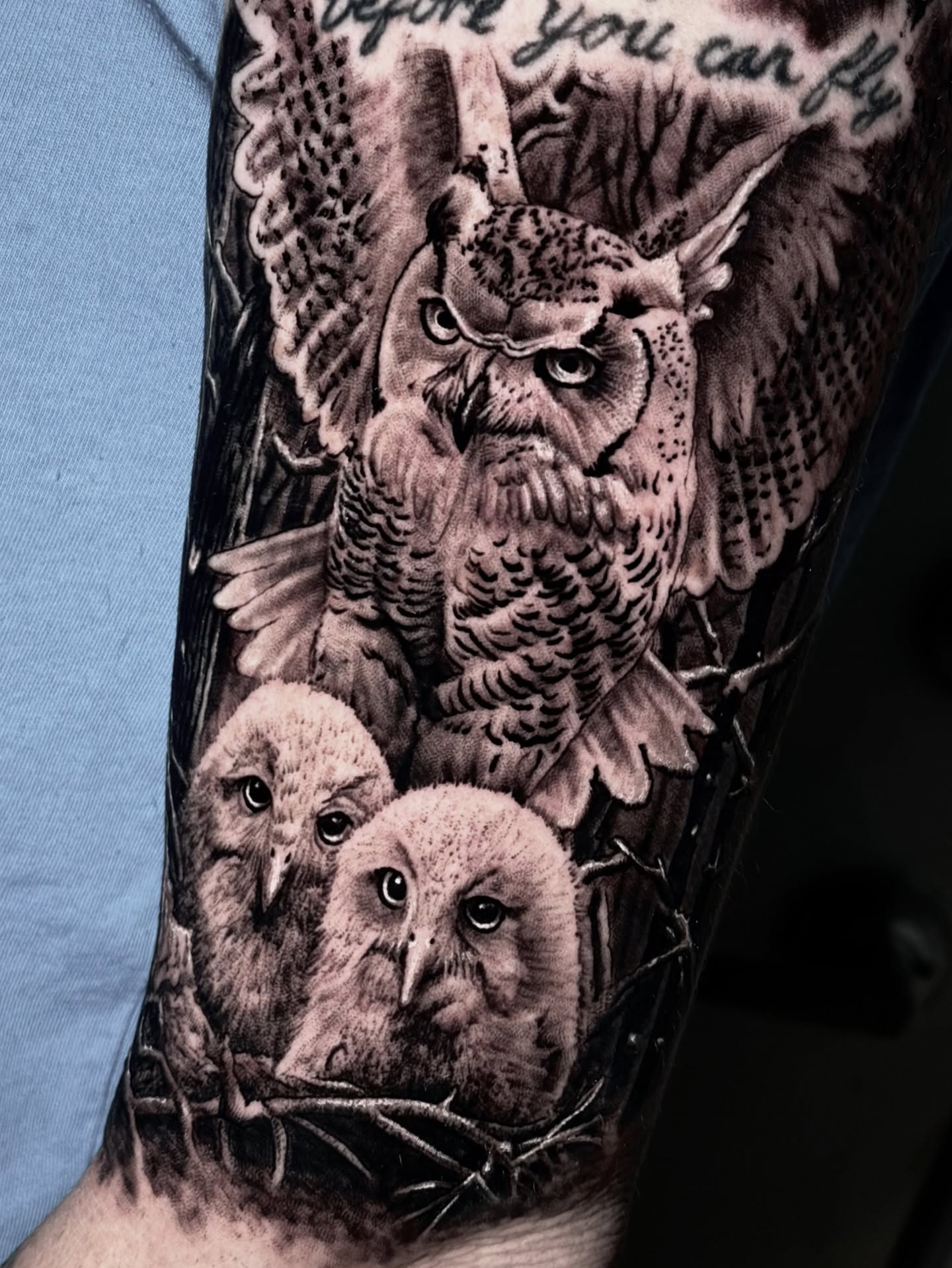 Owls realism tattoo on the forearm by Maverick Mayes🕷
