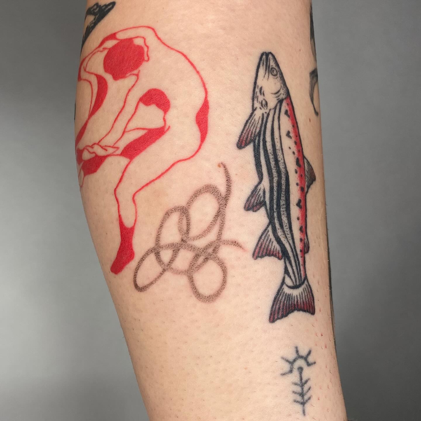 Fish and abstract figure dotwork tattoo on the forearm by 🌀☁️kath☁️🥀