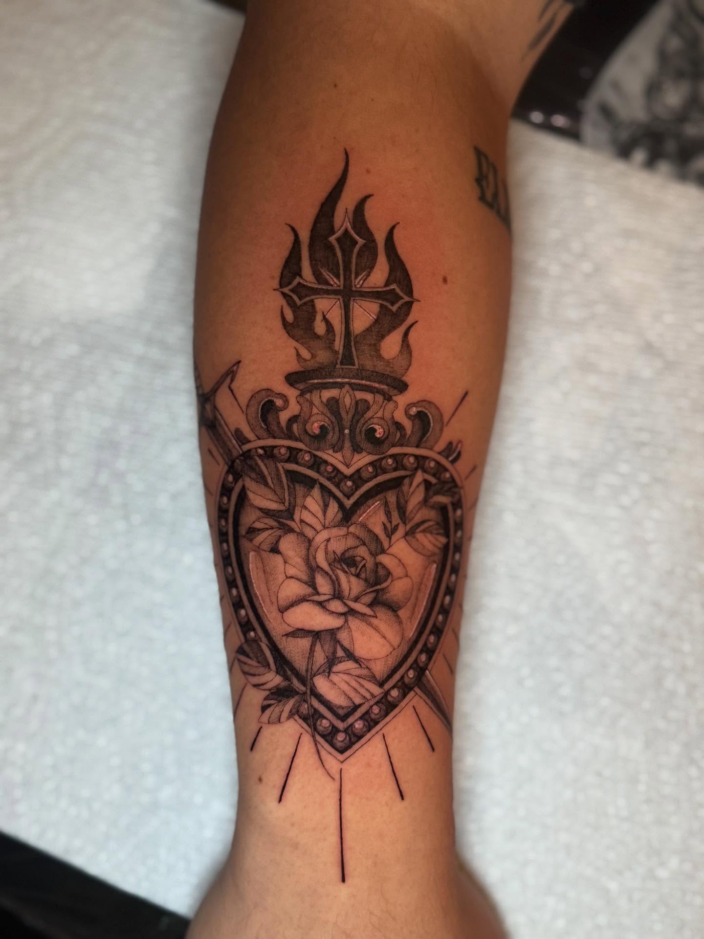 Flame cross with rose black and grey tattoo on the forearm by ❀ Moo, Mount Laurel, New Jersey