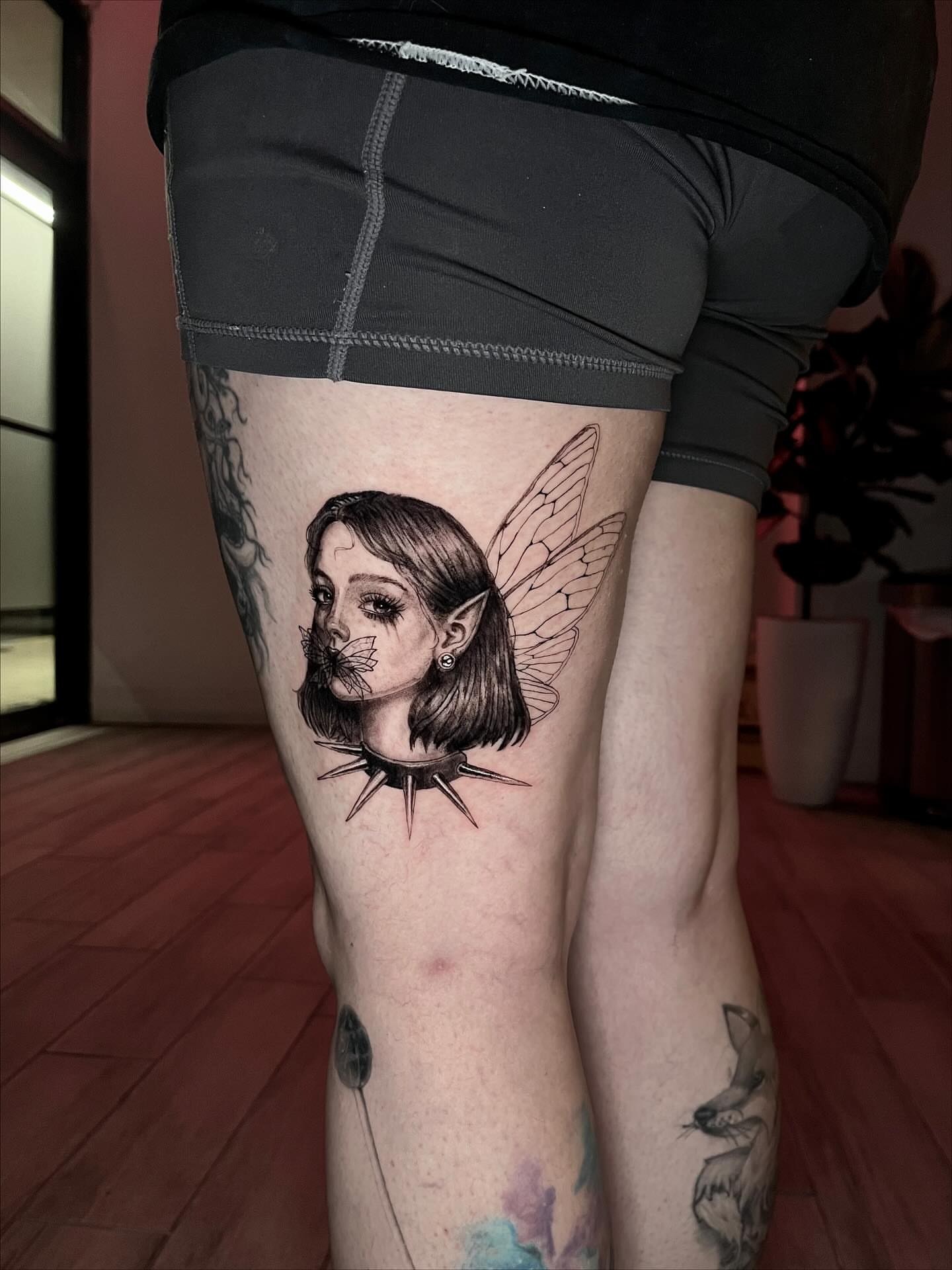 Elf woman realism tattoo on the thigh by Anthony “Jiinky” Quintanilla 🧸☁️