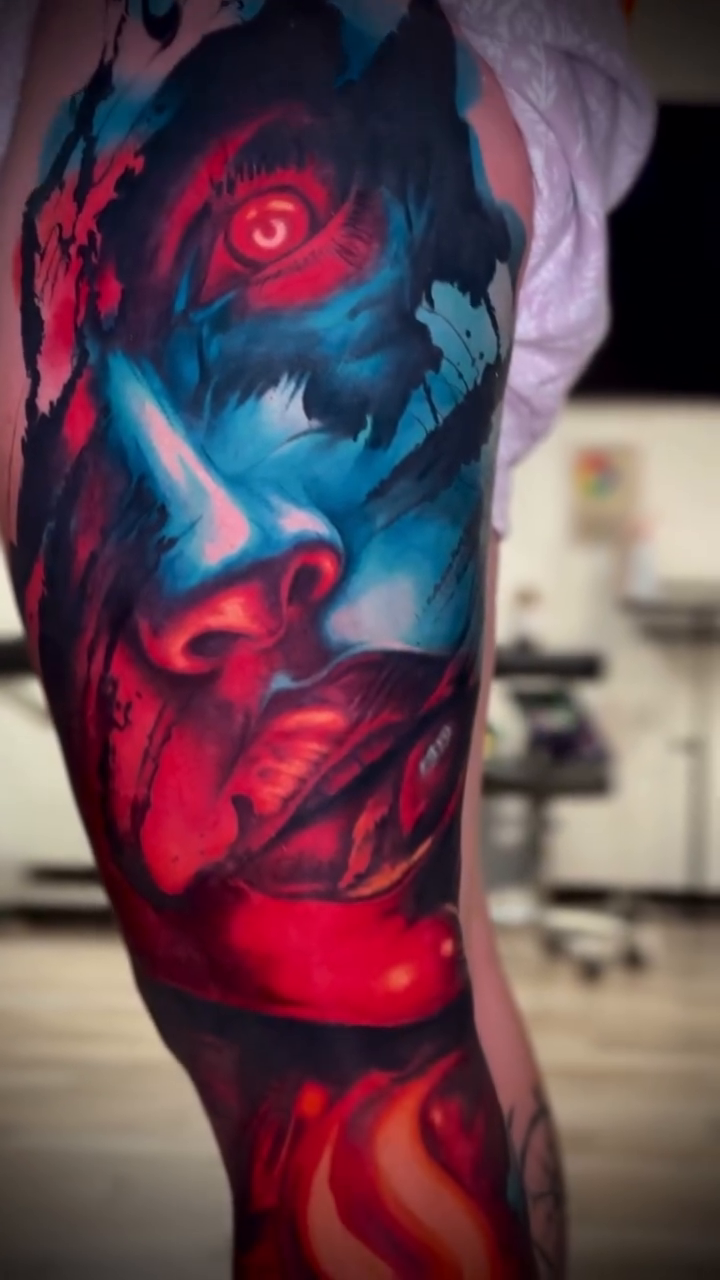 Demon face with tentacles dark realism tattoo by Tony Ink