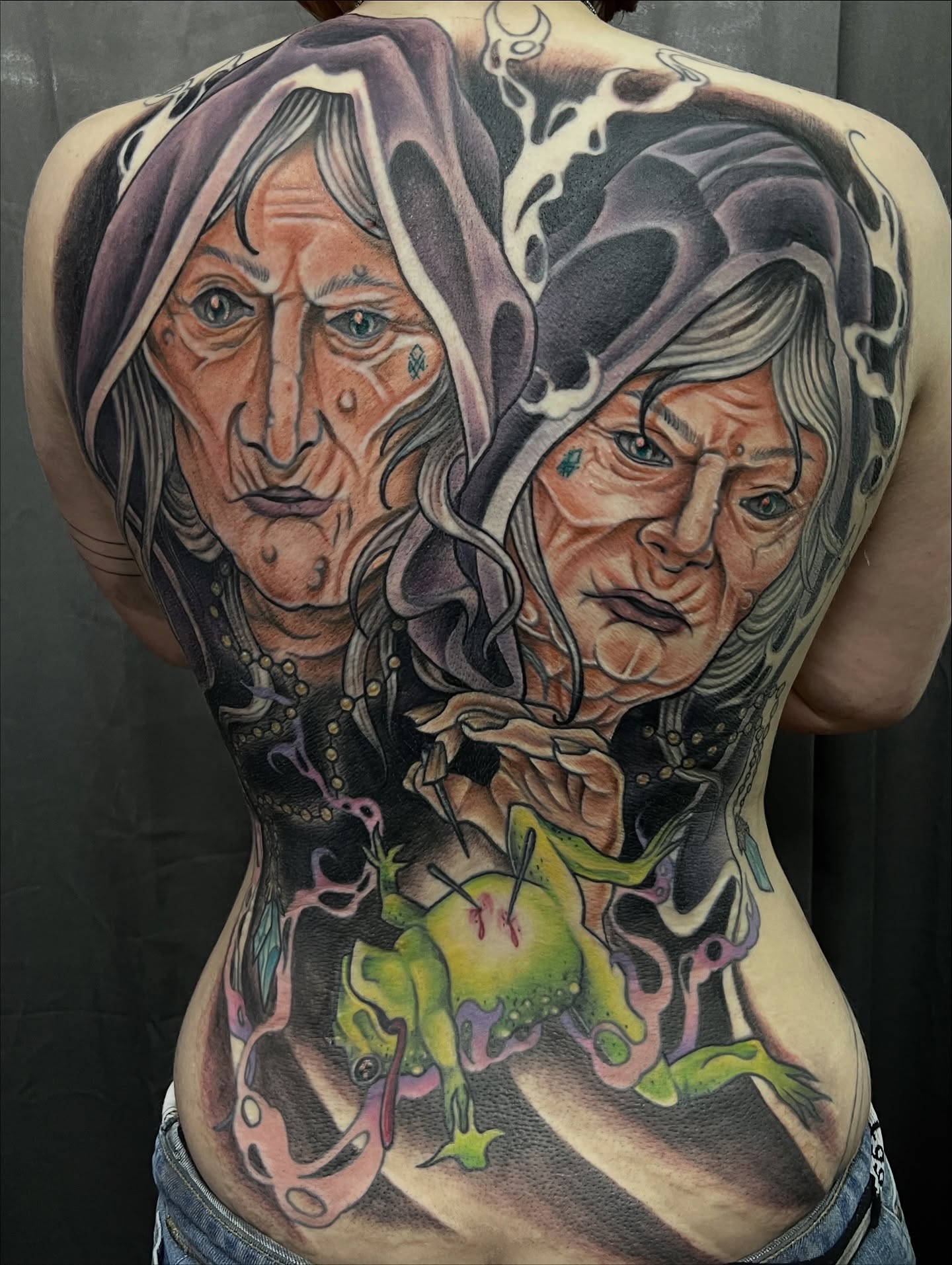 Elderly woman realism tattoo on the back by BodyArtByAlia