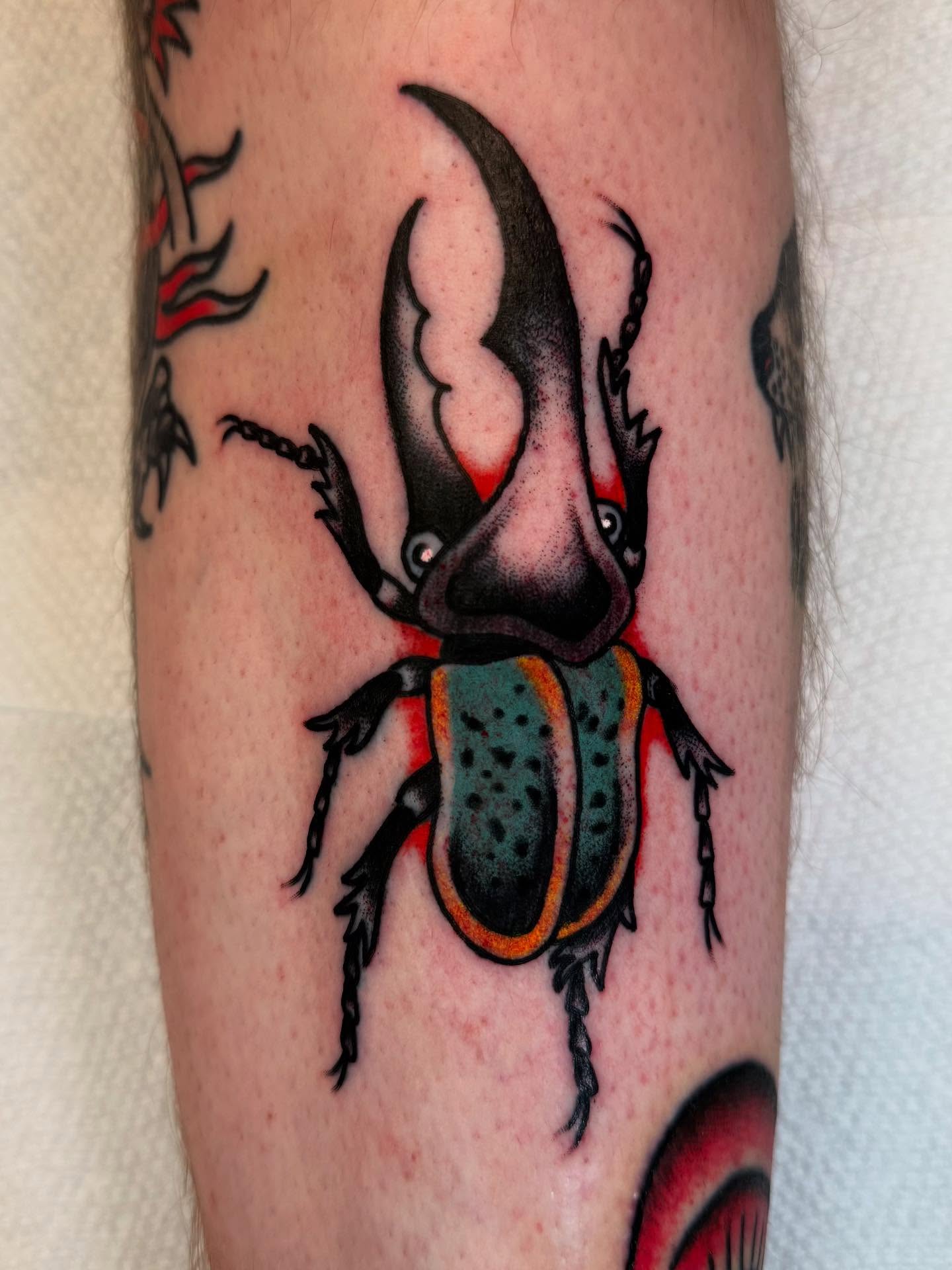 Rhinoceros beetle American traditional tattoo on the forearm by Cody Petkus