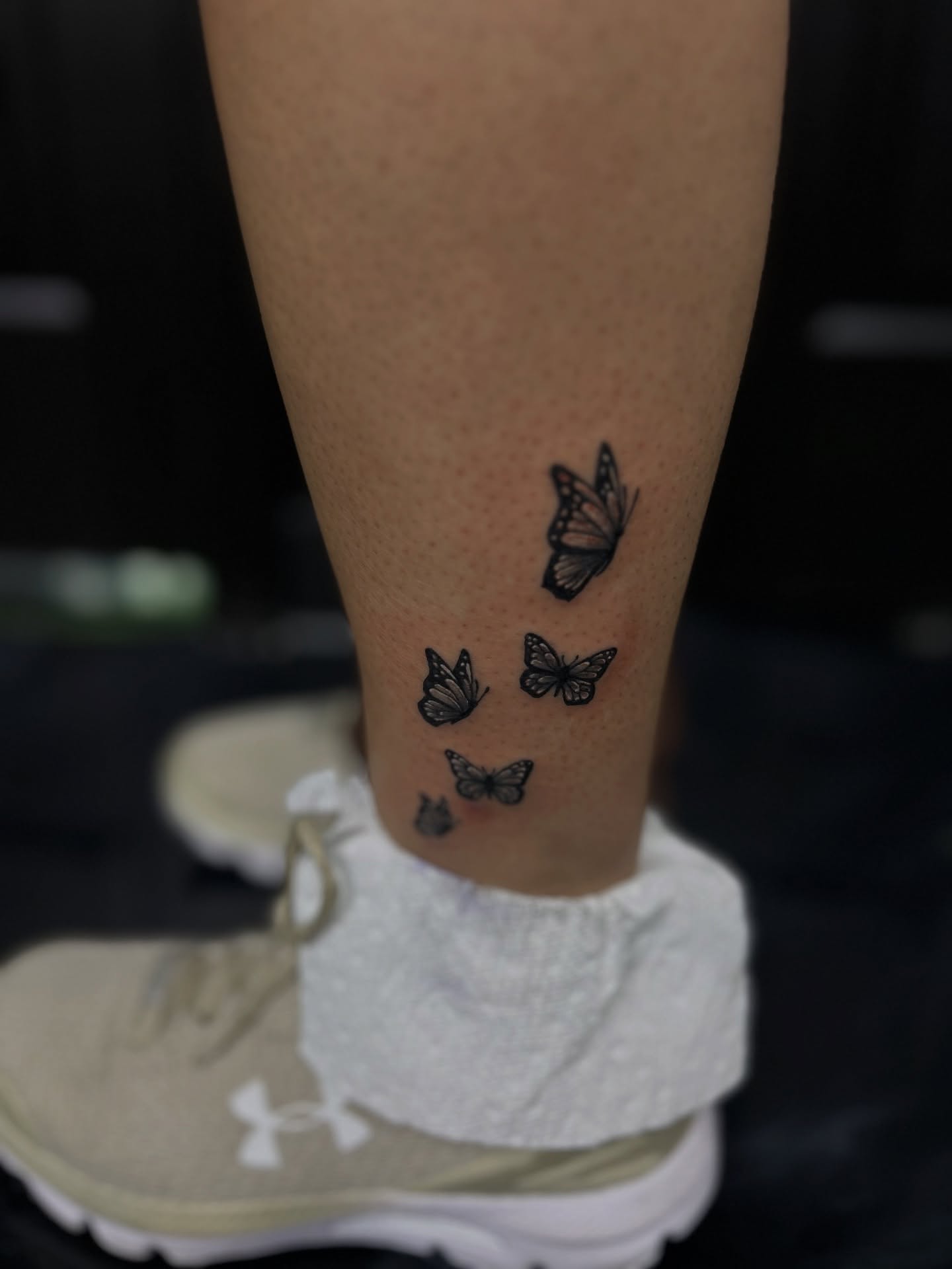 Butterflies black and grey tattoo on the calf by 302inkgod, Wilmington, Delaware
