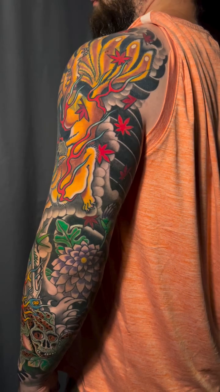 Full sleeve with Japanese motifs japanese irezumi tattoo by Michael Munter, Philadelphia, Pennsylvania