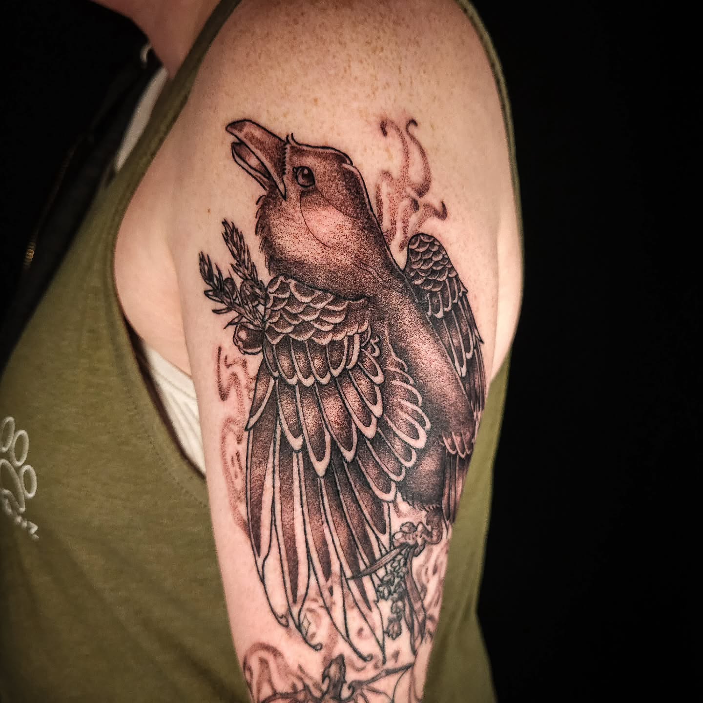 Crow black and grey tattoo on the forearm by Eva the Tattoo Fartist in Seattle, WA, Seattle, Washington