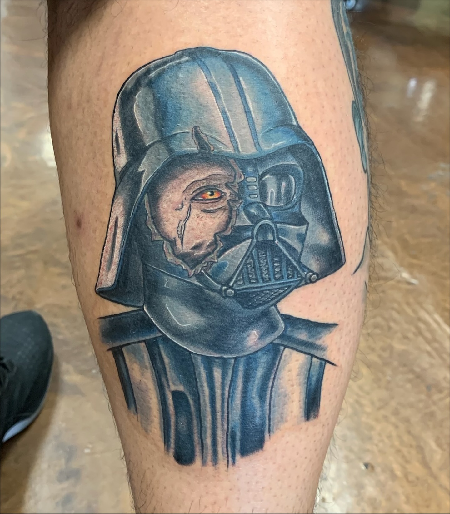 Darth vader helmet realism tattoo on the thigh by Nick Bones, Las Vegas, Nevada