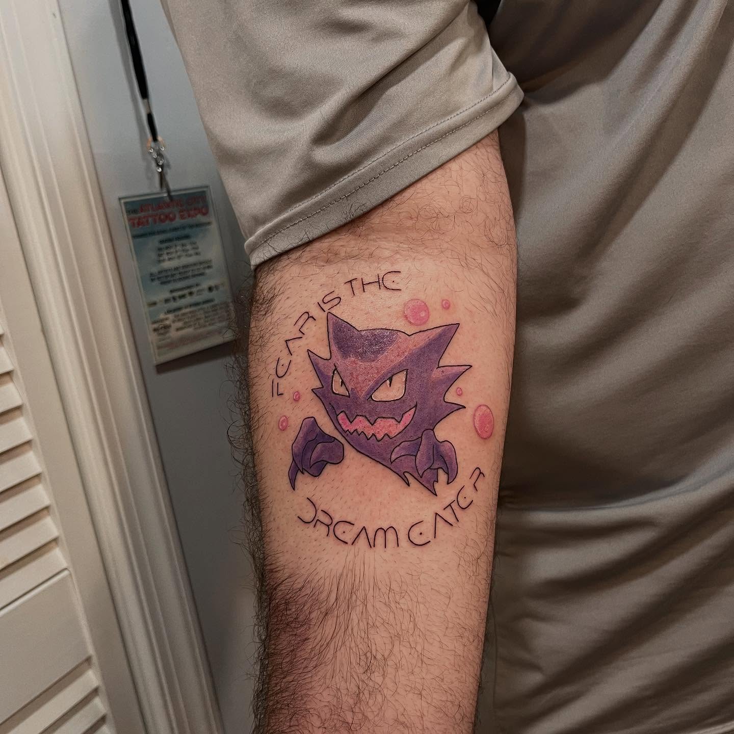 Gengar trash polka tattoo on the forearm by Brandie Caroline, Somers Point, New Jersey