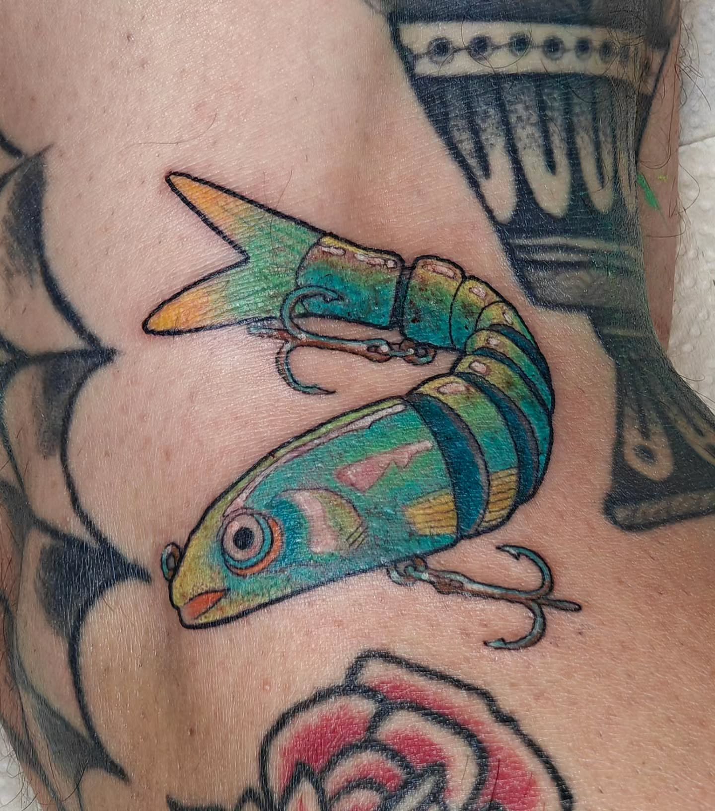 Lure fish American traditional tattoo on the forearm by Tattoos by Reed Blount