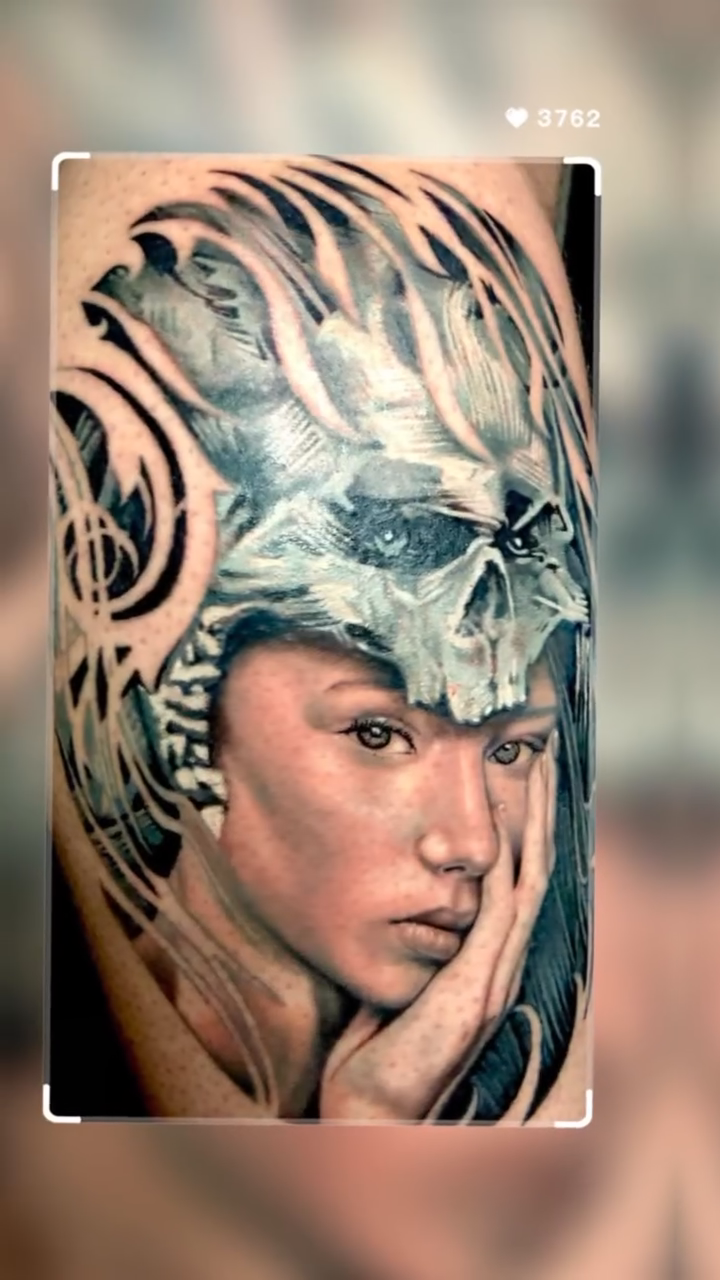 Woman with skull headdress realism tattoo by Kayden DiGiovanni, Addison, Texas
