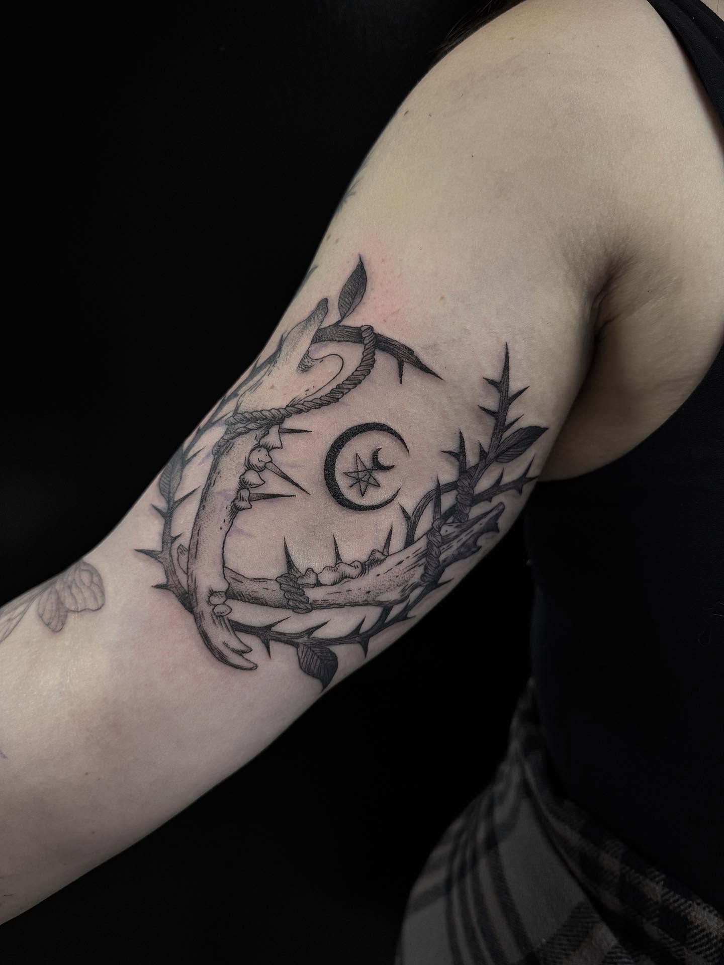 Tree with crescent moon and star black and grey tattoo on the forearm by Bethbeforedishonor, Rochester, New York