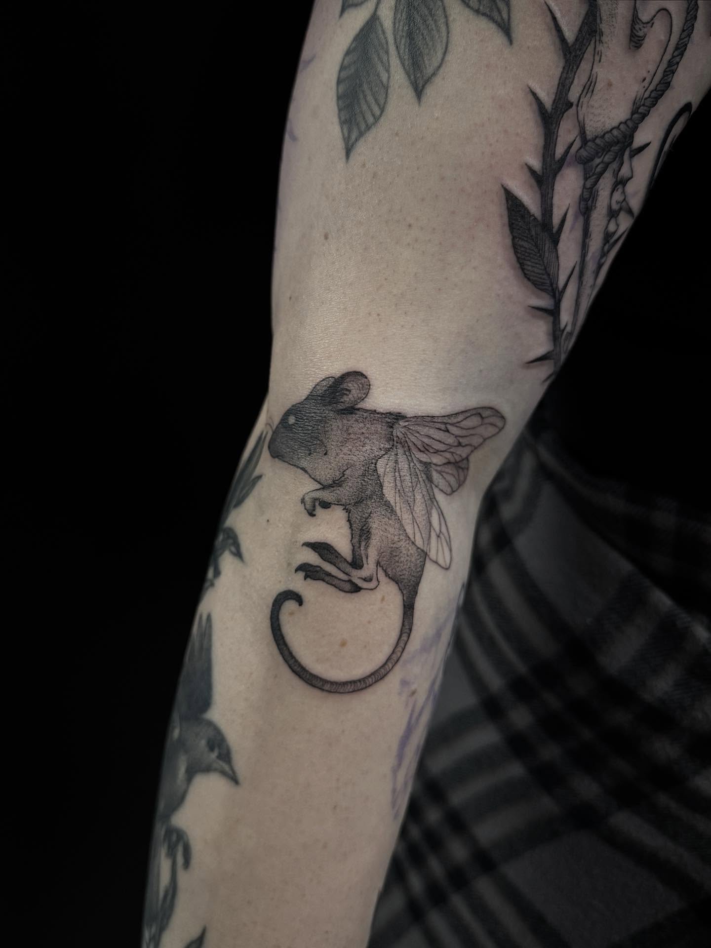 Chameleon with wings black and grey tattoo on the forearm by Bethbeforedishonor, Rochester, New York