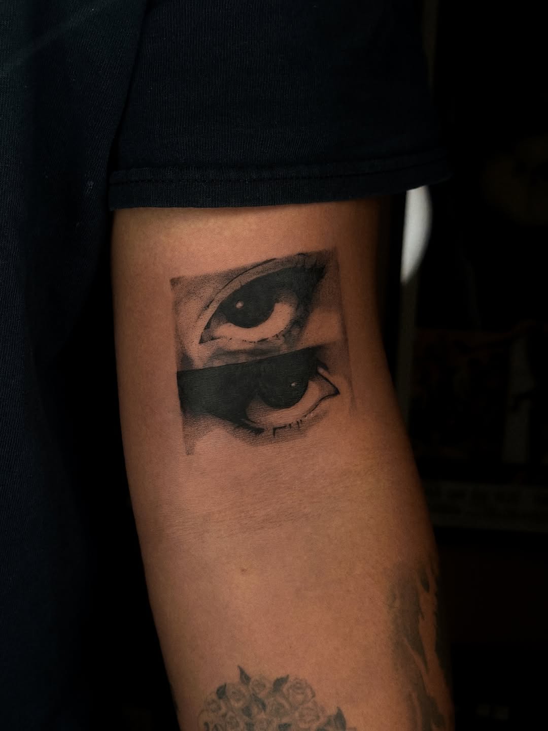 Two eyes dotwork tattoo on the forearm by ☆ gia