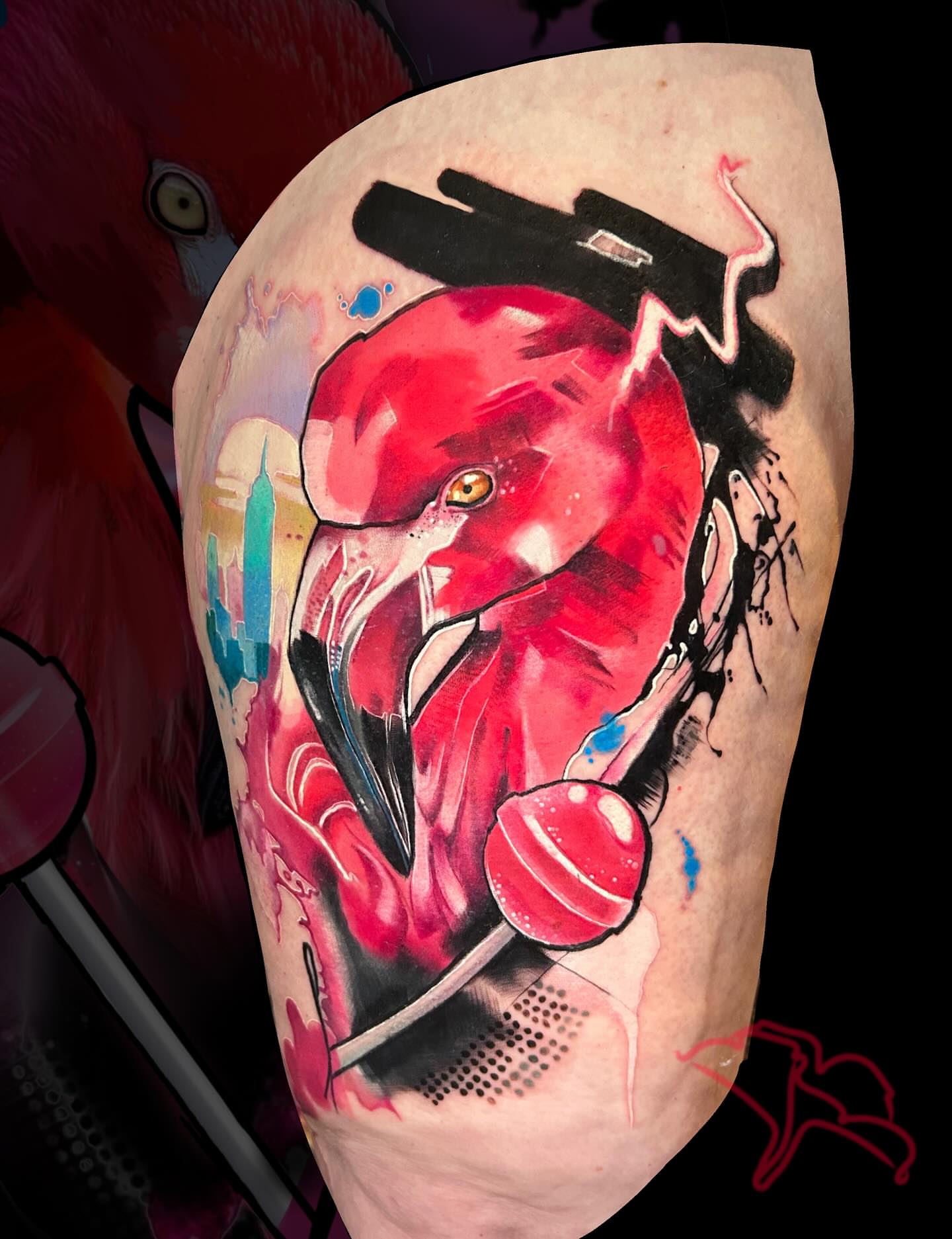 Flamingo watercolor tattoo on the thigh by Aline Petunia, Los Angeles, California