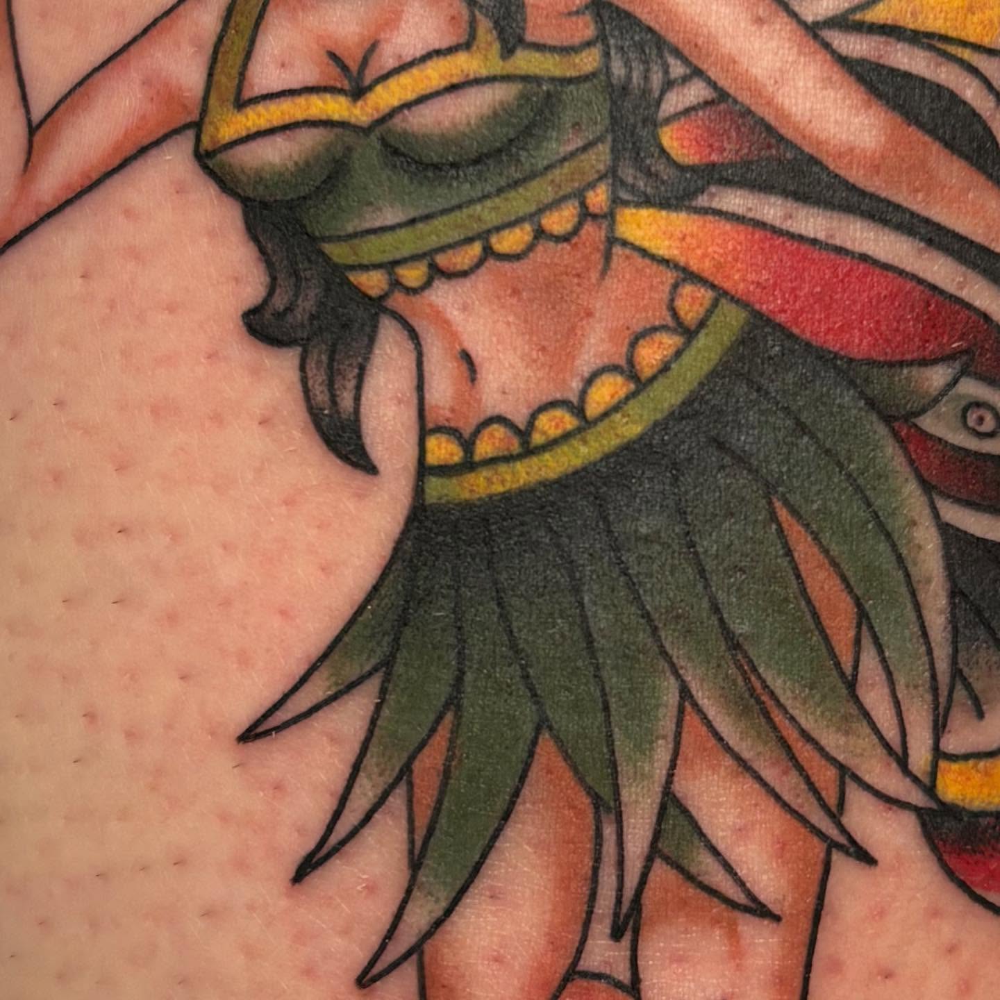 Mask American traditional tattoo on the shoulder by Jakob Ristau, Kansas City, Missouri