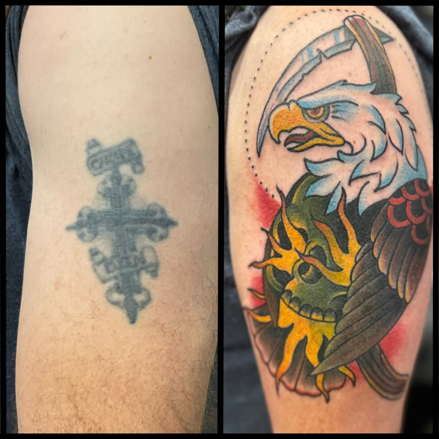 Cross American traditional tattoo on the forearm by Tattoos by Aeron Herald Maurbjorn, Sioux