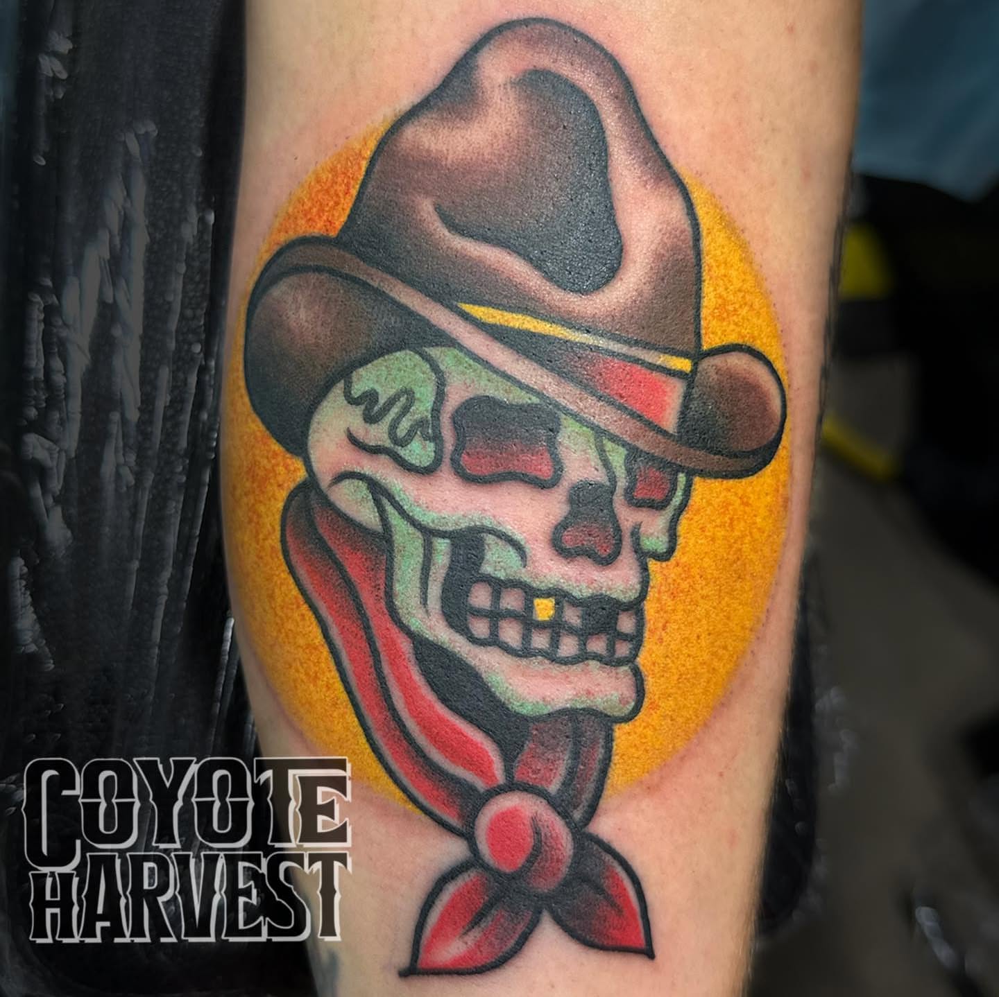 Cowboy skull American traditional tattoo on the forearm by Tattoos by Aeron Herald Maurbjorn, Sioux