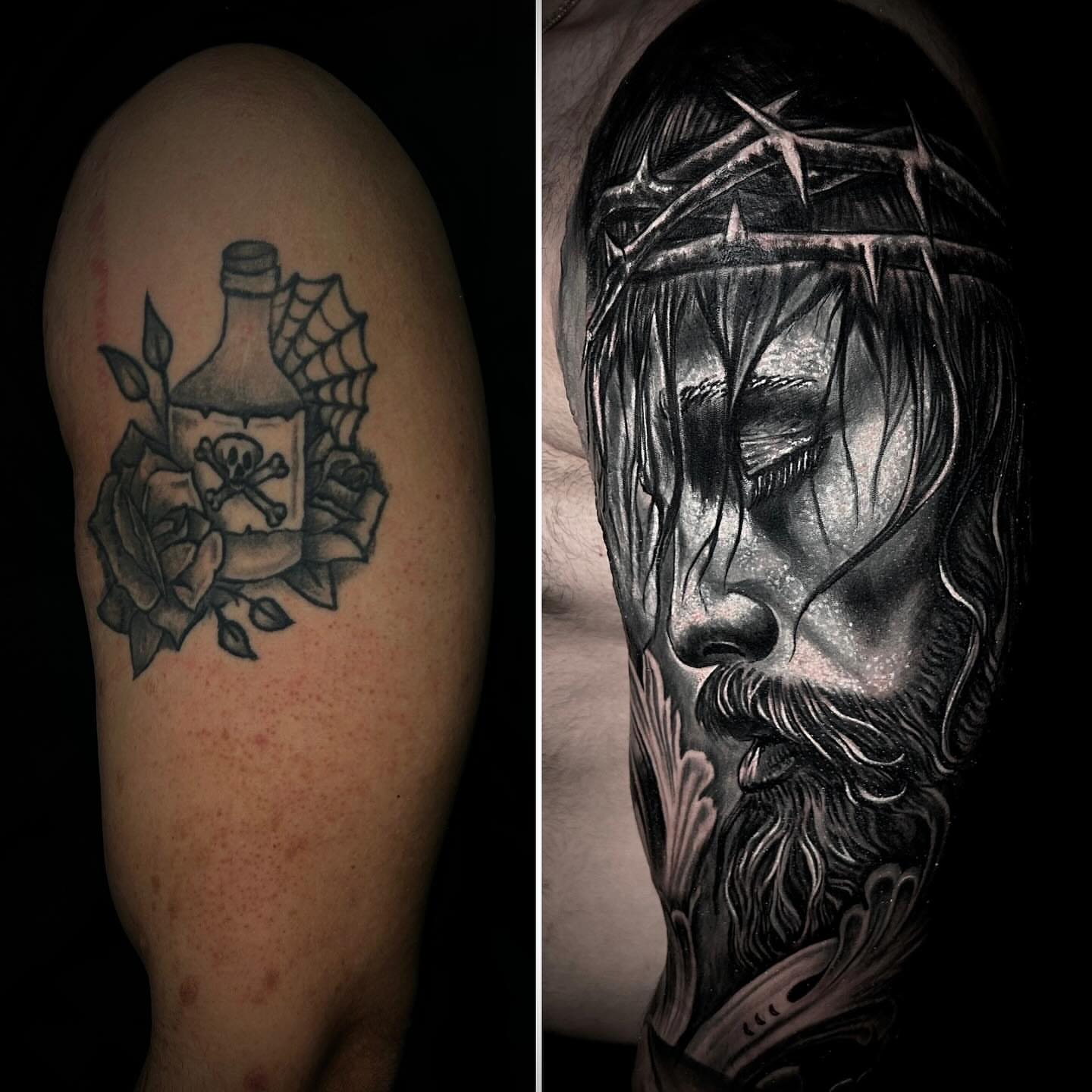 Skull and crossbones American traditional tattoo on the forearm by Ernesto canua, Houston, Texas