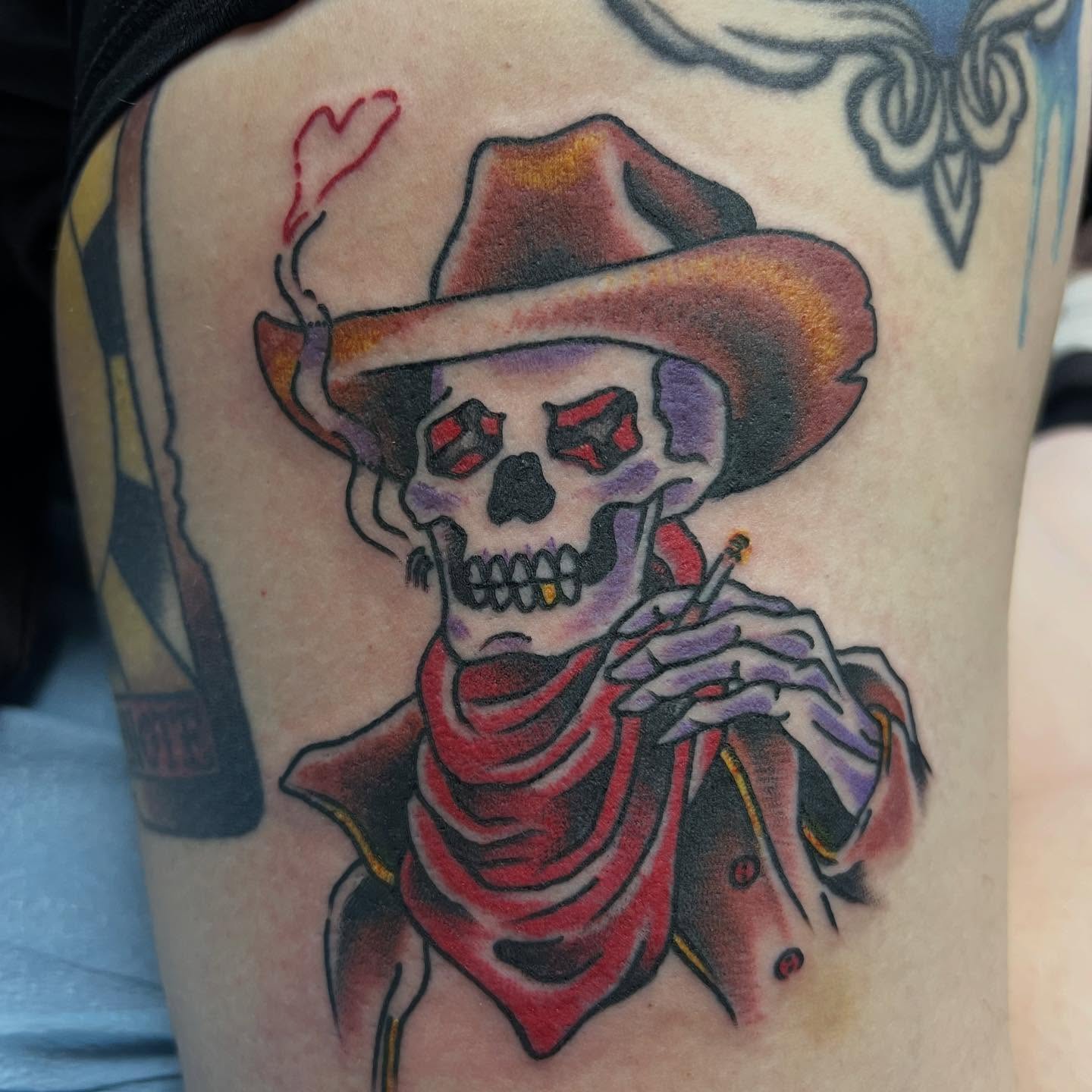 Cowboy skeleton American traditional tattoo on the thigh by doodle