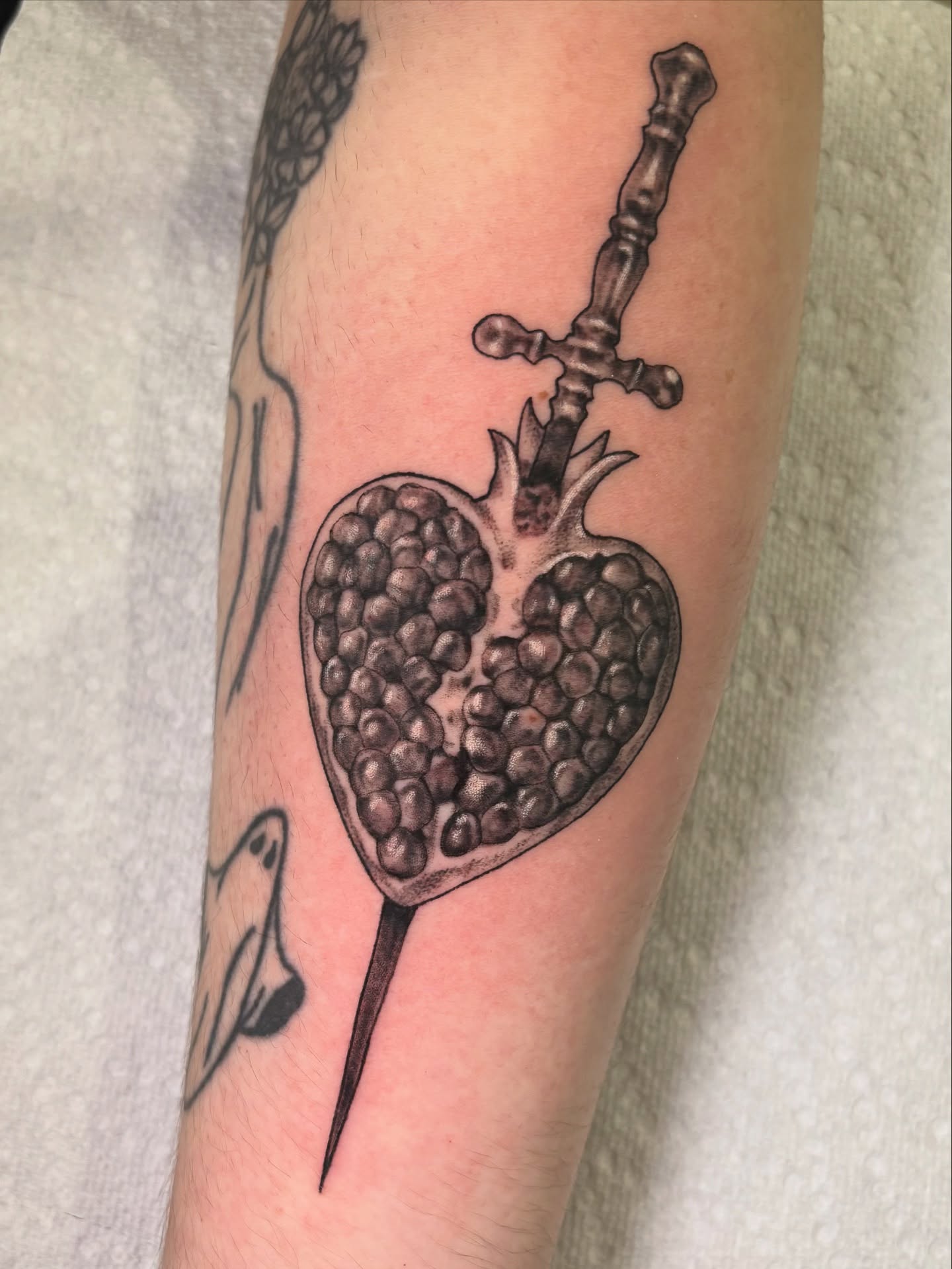 Pomegranate and sword black and grey tattoo on the forearm by Flor, Dallas, Texas