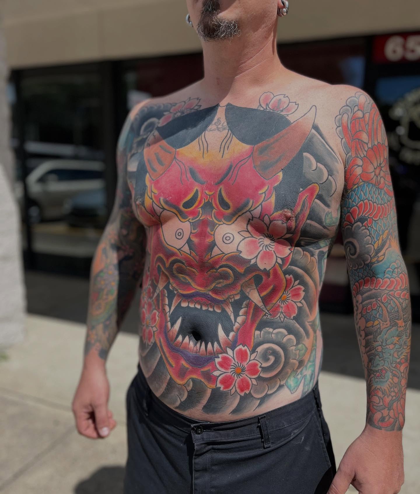 Demon mask japanese irezumi tattoo on the chest by CRAIG B⛓️ Cincinnati Tattoo Artist