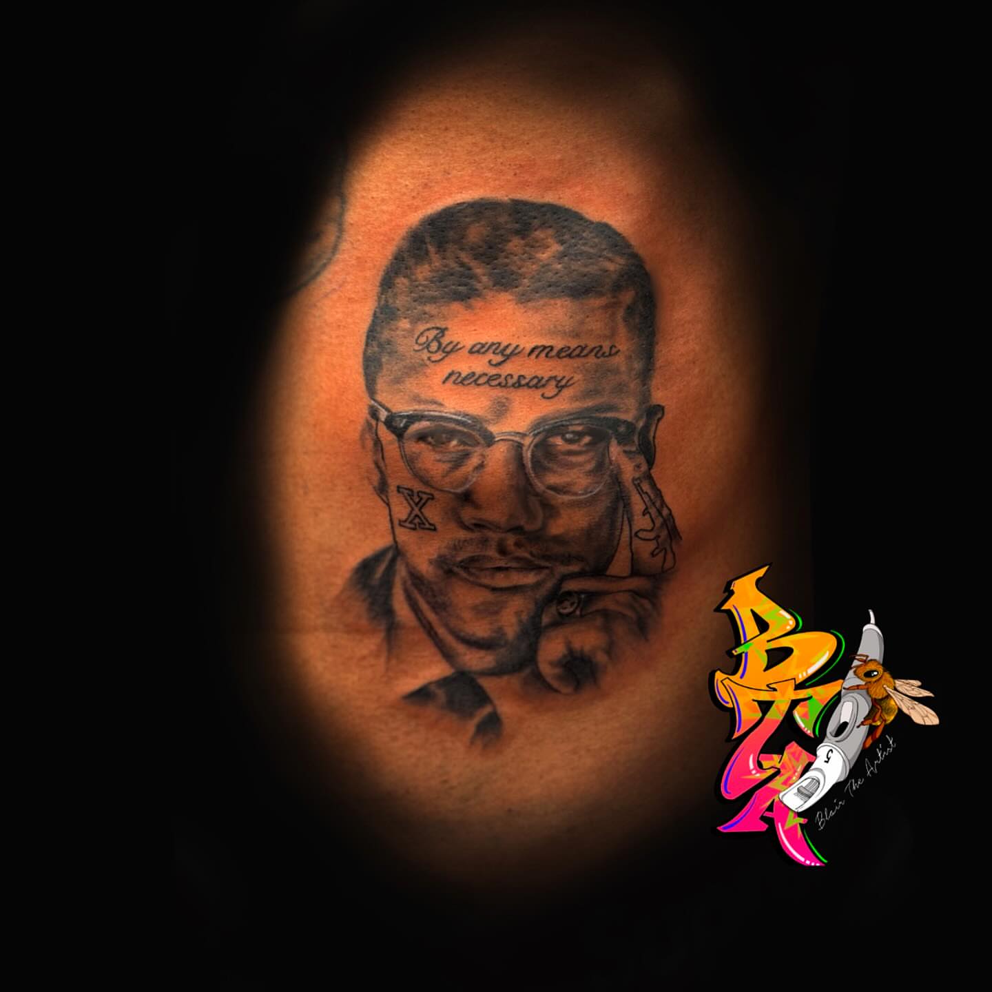 Malcolm X portrait realism tattoo on the shoulder by Blair The Artist!