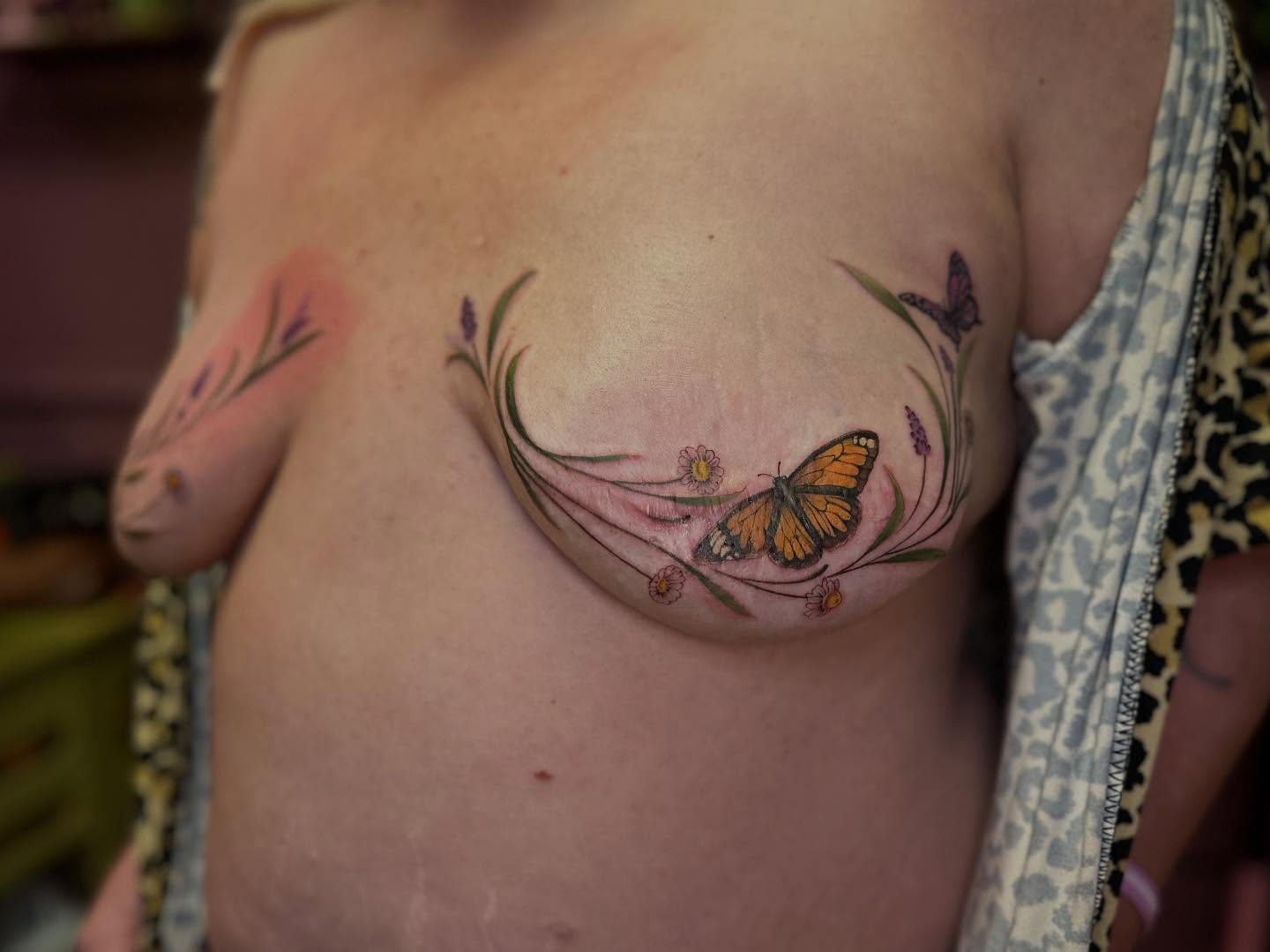 Butterfly and flowers new school tattoo on the chest by ๐ฎ Kira Yamanashi