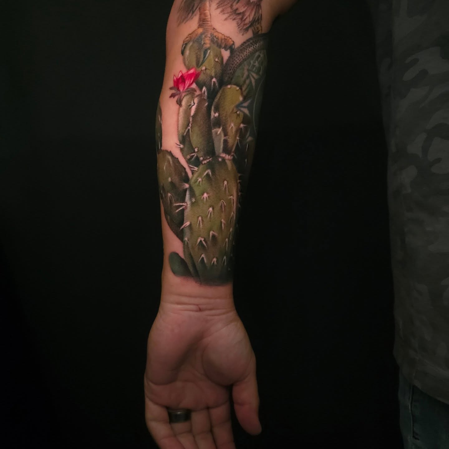 Cactus with flower realism tattoo on the forearm by Joseph J Tattooart Denver, Lakewood, Colorado