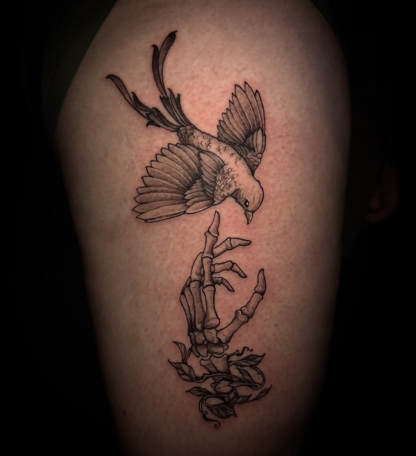 Bird dotwork tattoo on the thigh by M A D I E I N S P A N I E R π¦ tattoos