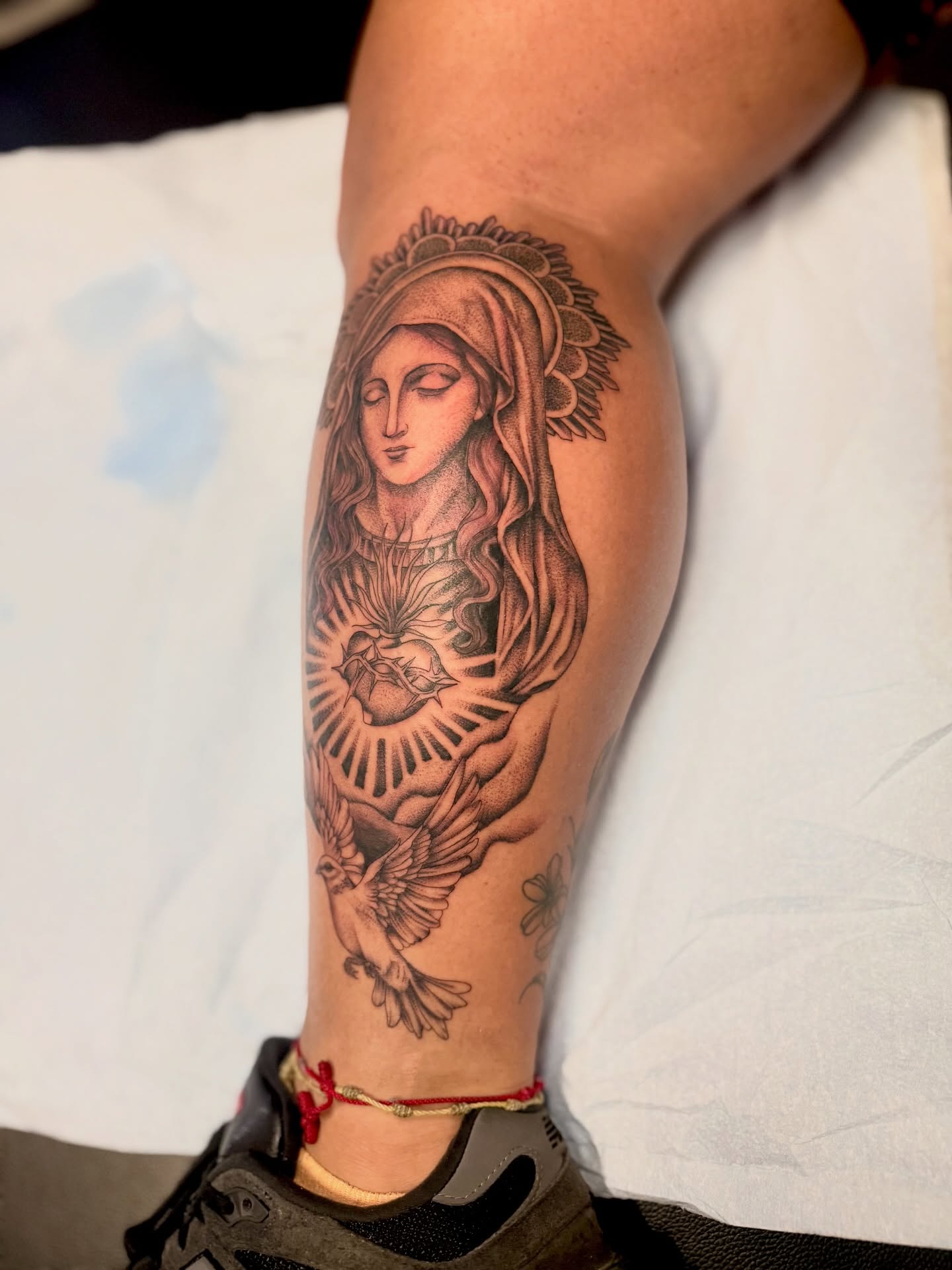 Religious figure realism tattoo on the forearm by Abby ✣ fineline and blackwork ✣