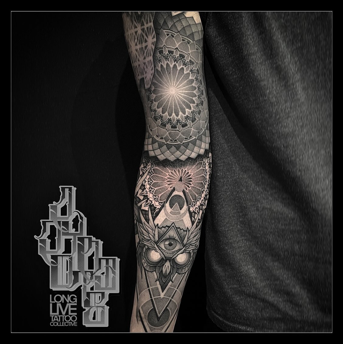 Mandala and eye geometric tattoo on the forearm by Jymi Calkins
