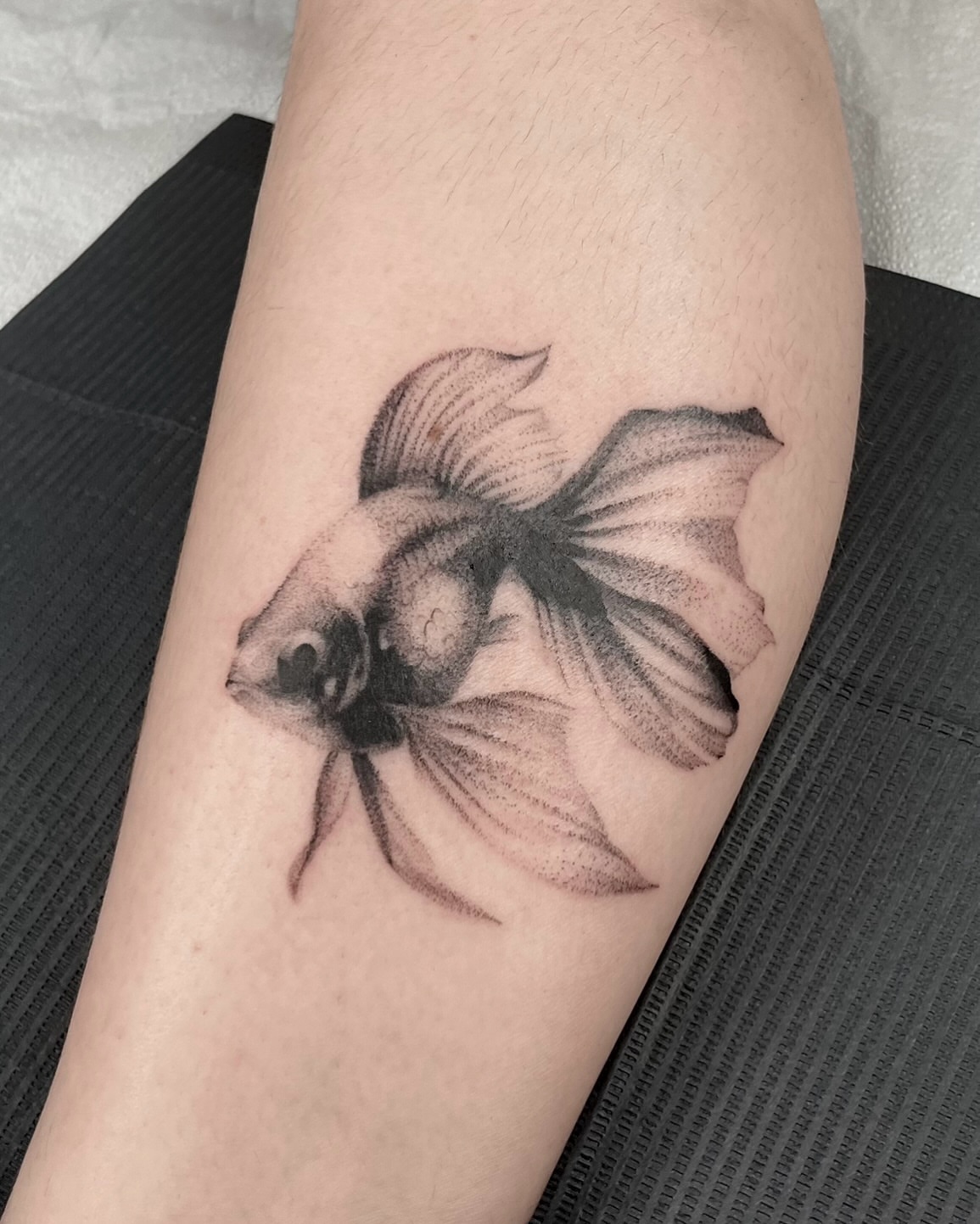 Goldfish dotwork tattoo on the forearm by ✩gracie ⋆｡°✩