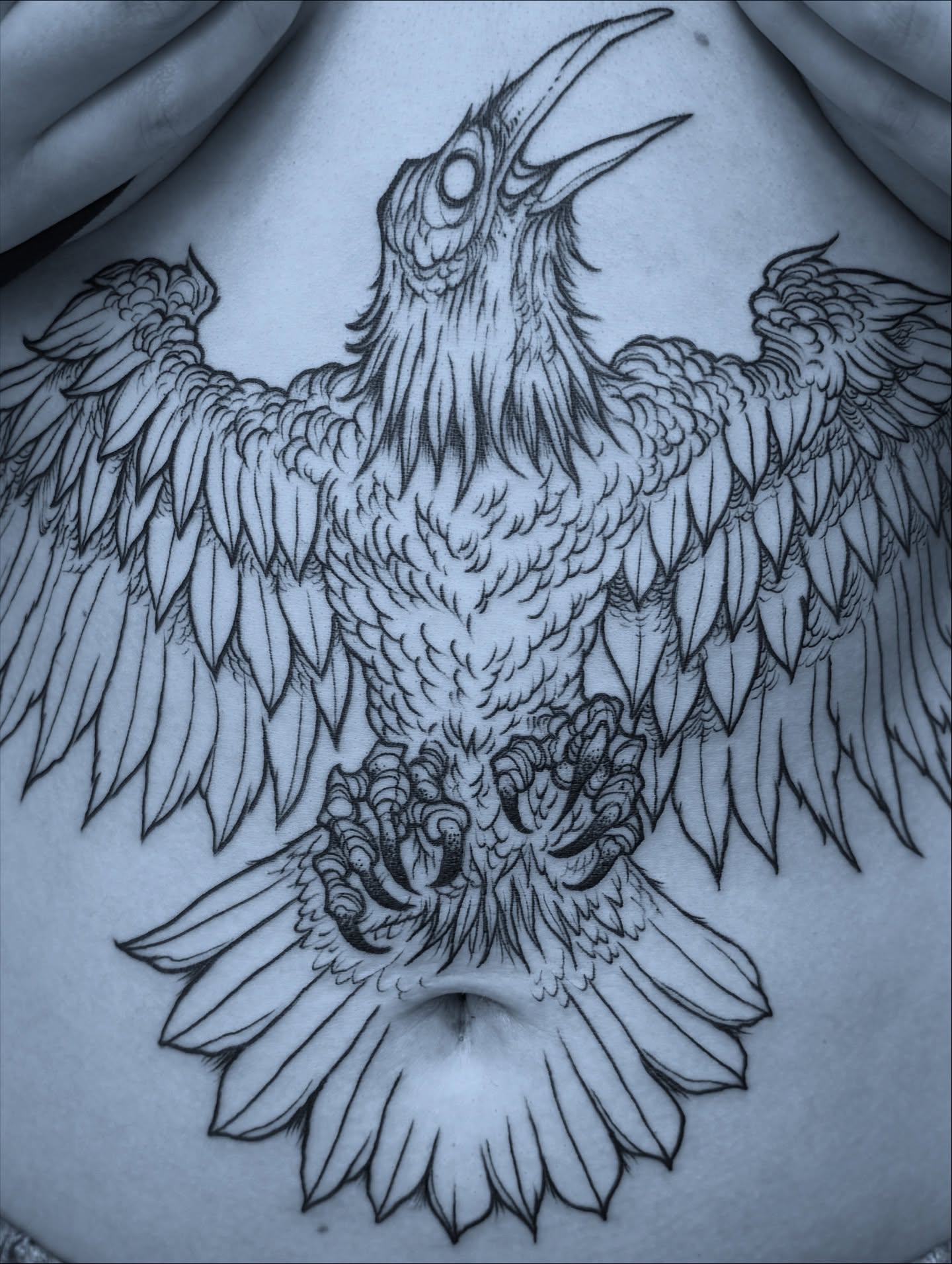 Crow black and grey tattoo on the chest by Michael Langdale
