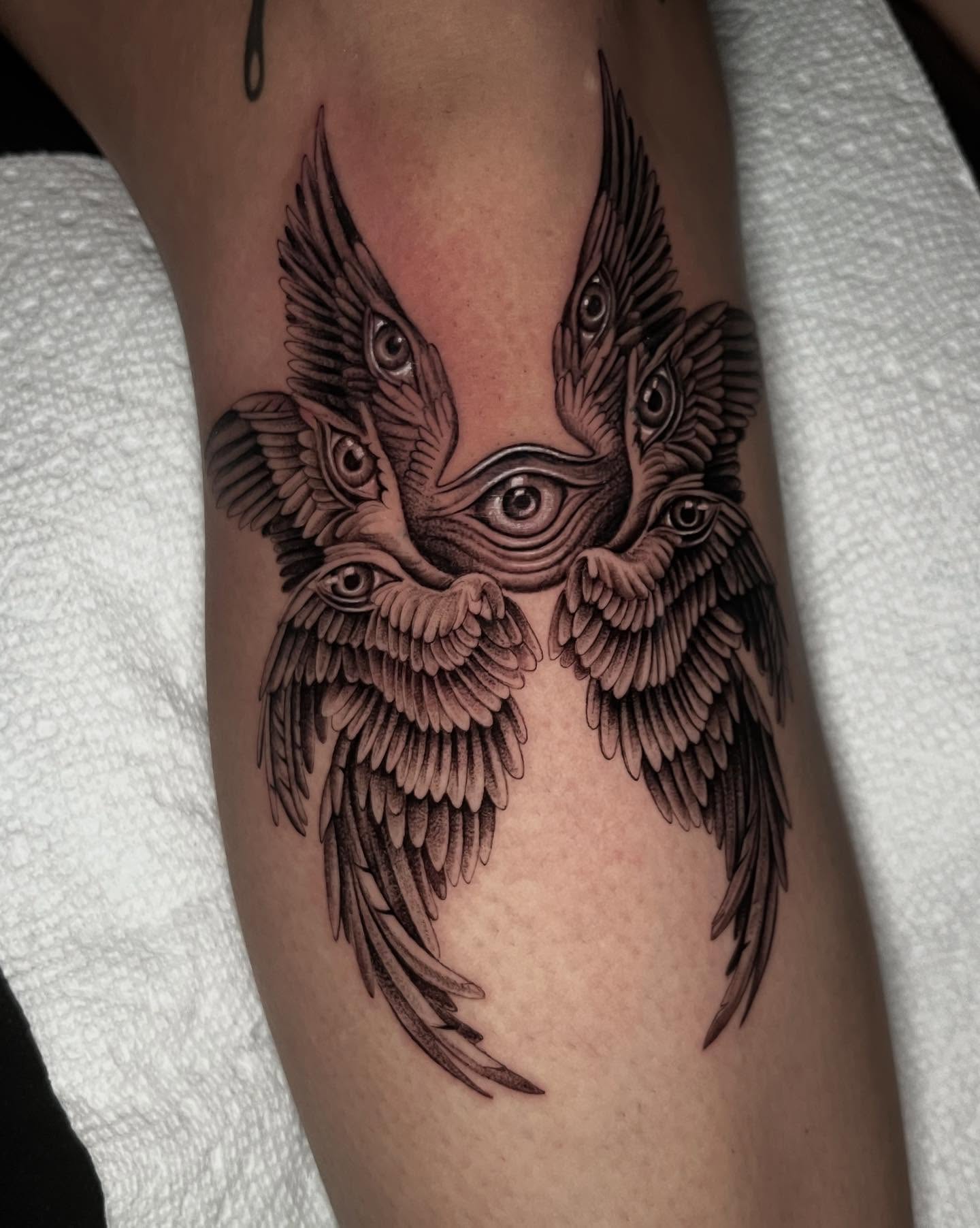 Owl eyes realism tattoo on the forearm by Single Needle ๐ชฉ
