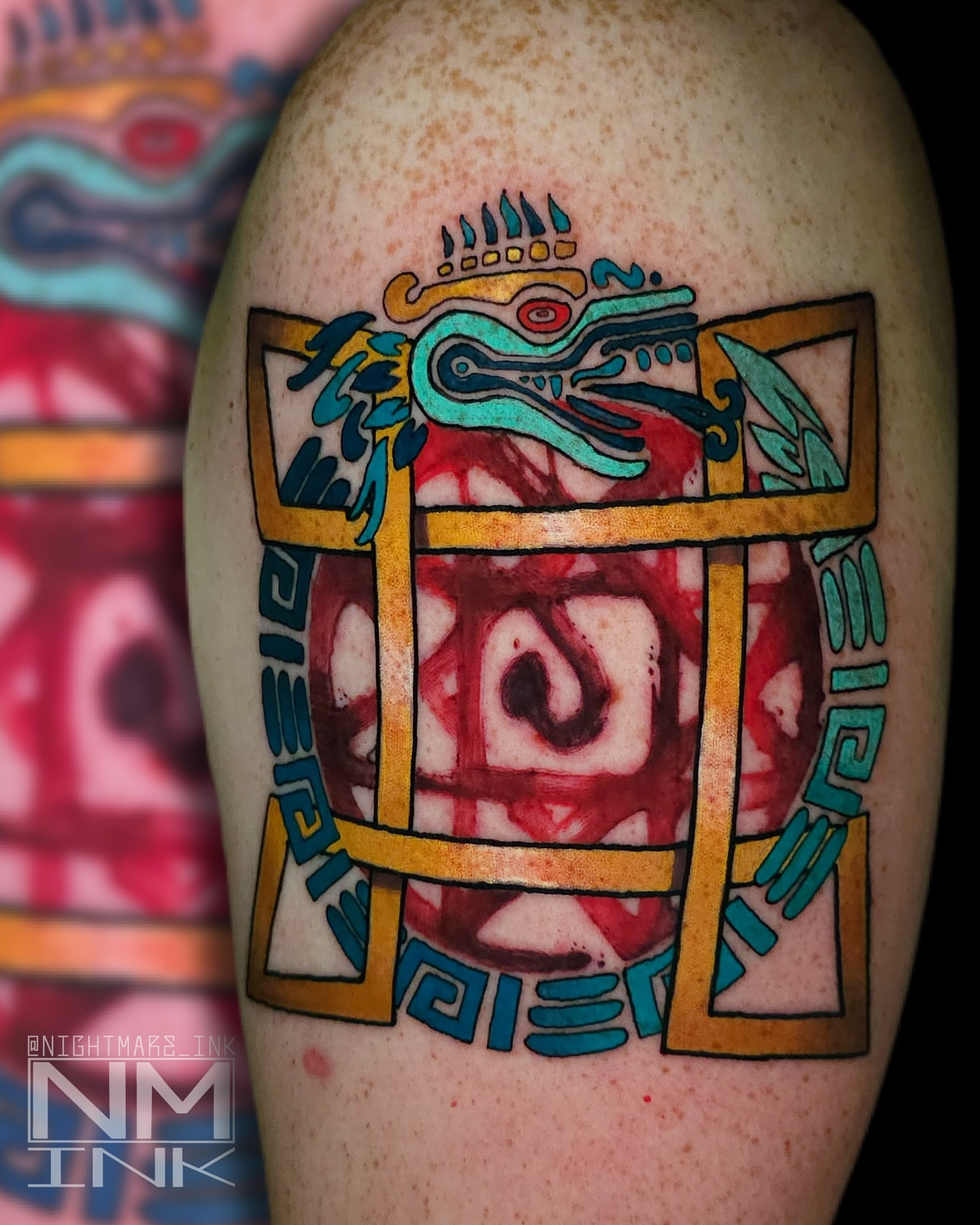 Mask geometric tattoo on the forearm by Brandon Hildebrandt