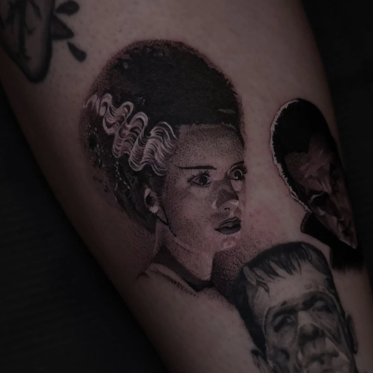 Monster movie characters dotwork tattoo on the forearm by Ana Fajardo